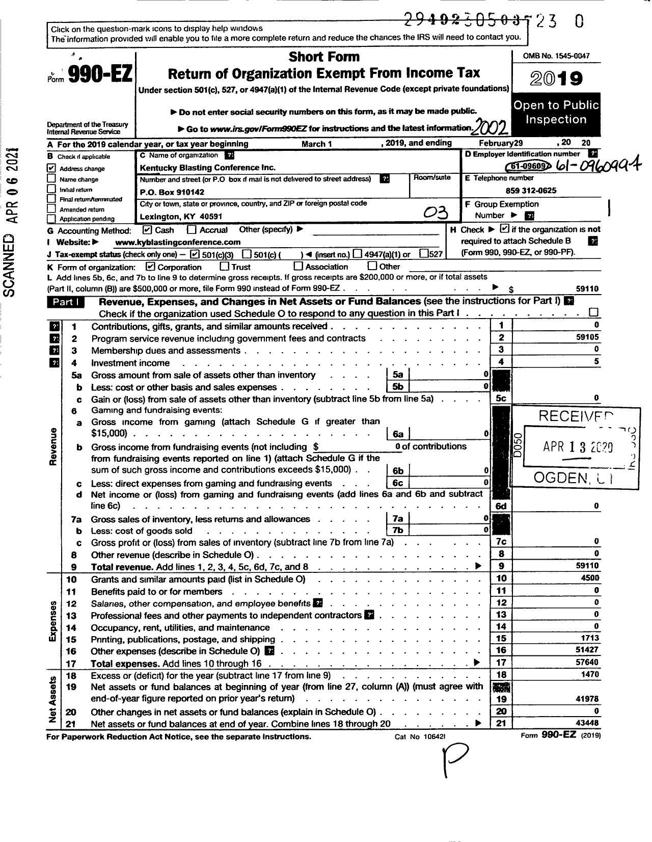 Image of first page of 2019 Form 990EZ for Kentucky Blasting Conference