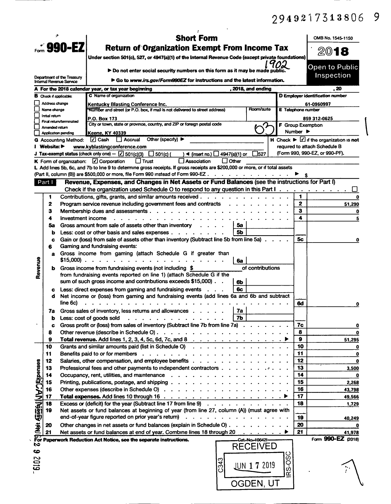 Image of first page of 2018 Form 990EZ for Kentucky Blasting Conference