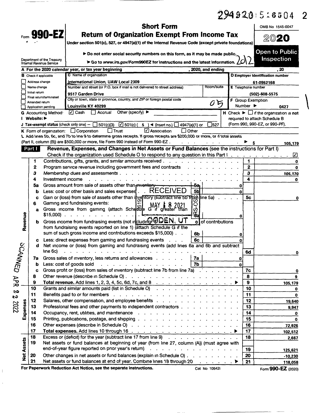 Image of first page of 2020 Form 990EO for Uaw - 2309 U A W Local