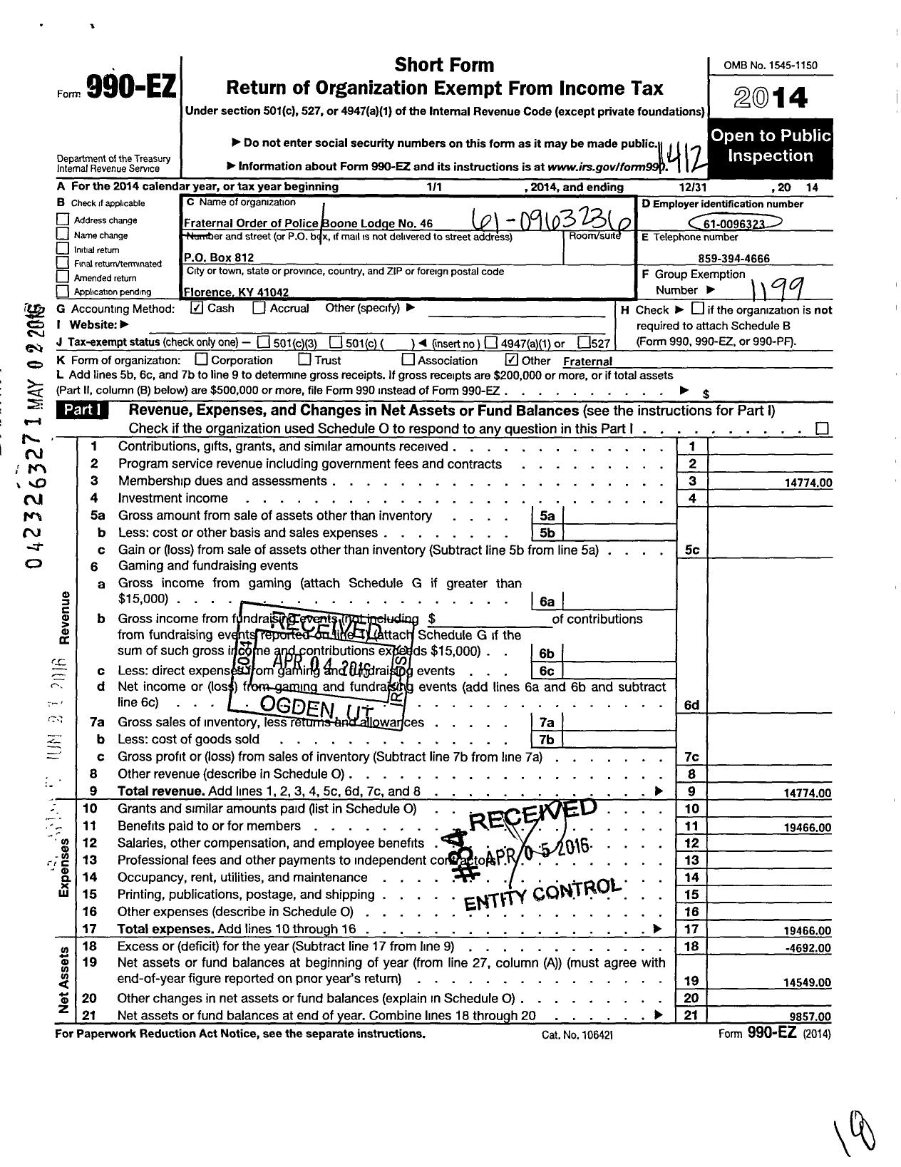 Image of first page of 2014 Form 990EO for Fraternal Order of Police - 46 Boone Lodge