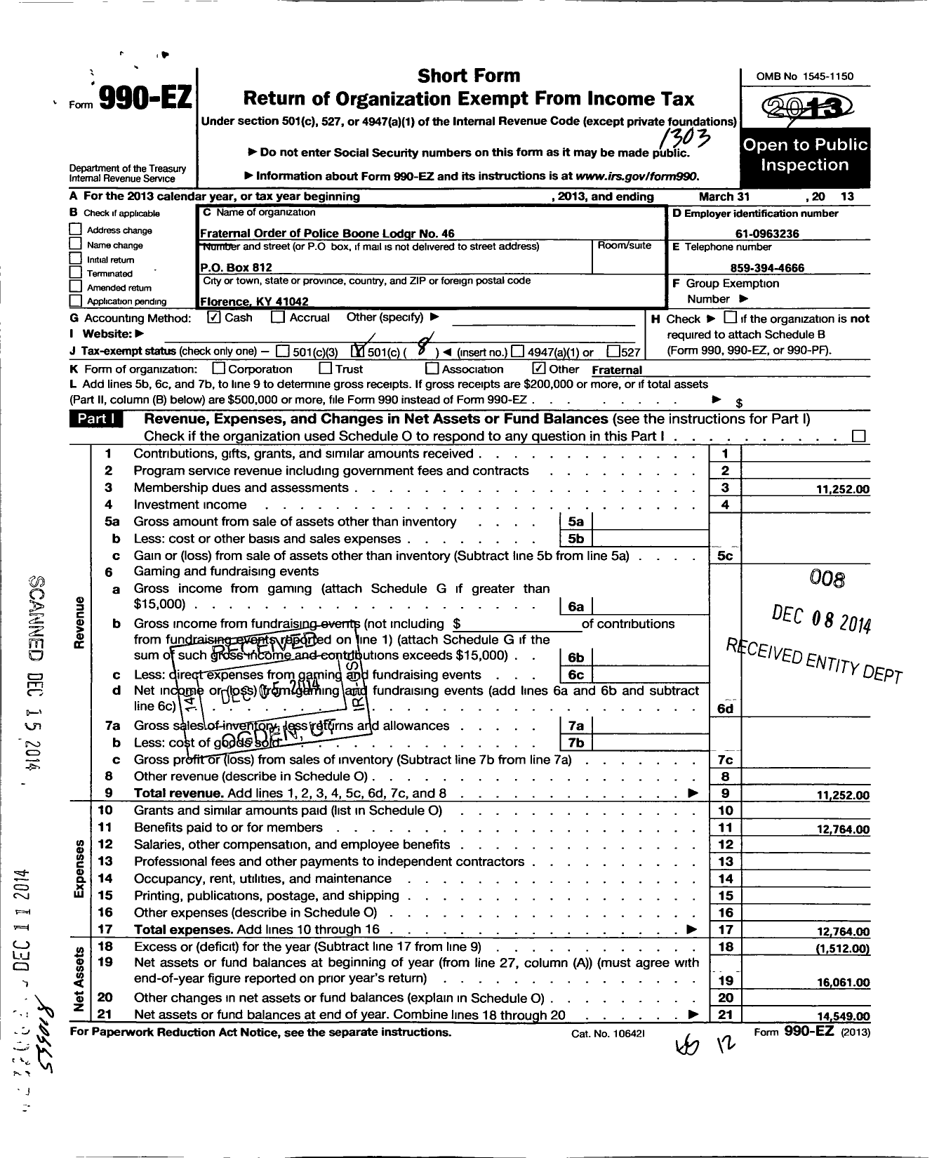 Image of first page of 2012 Form 990EO for Fraternal Order of Police - 46 Boone Lodge