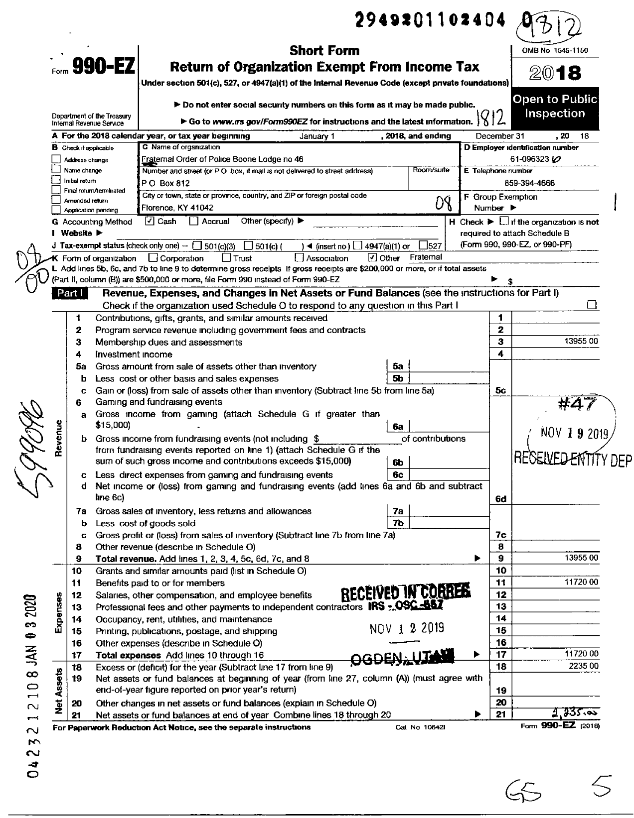 Image of first page of 2018 Form 990EO for Fraternal Order of Police - 46 Boone Lodge