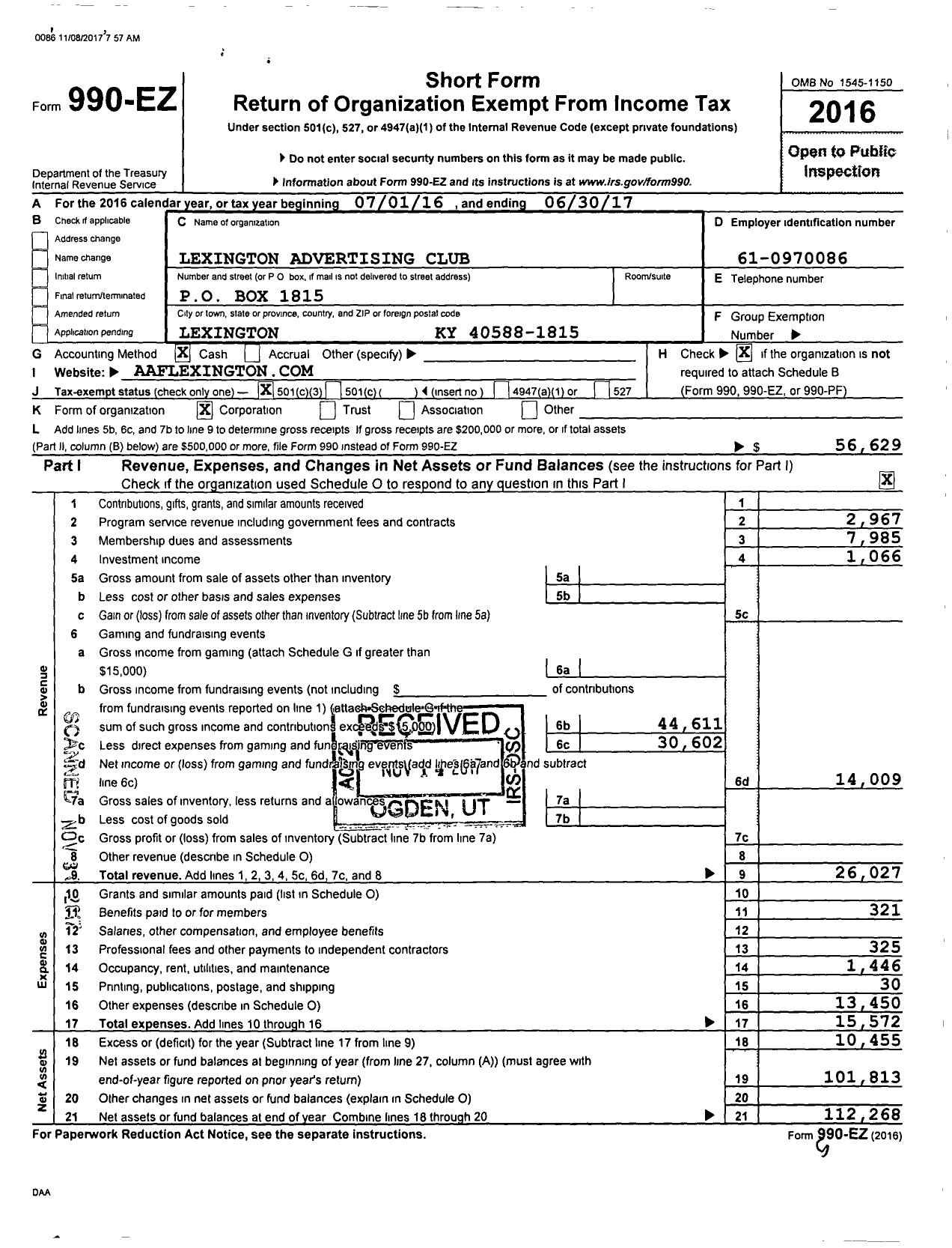 Image of first page of 2016 Form 990EZ for Lexington Advertising Club