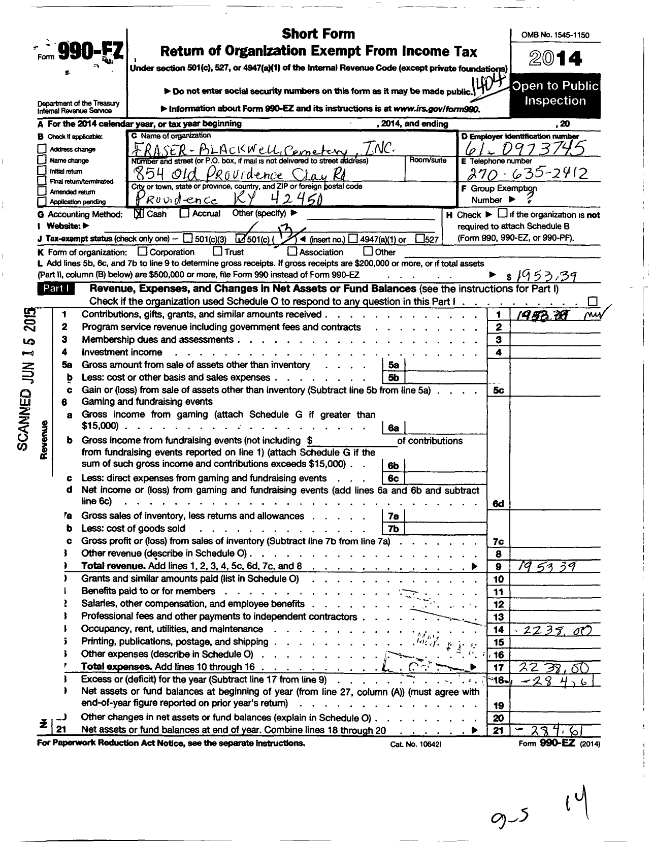 Image of first page of 2013 Form 990EO for Fraser-Blackwell Cemetery