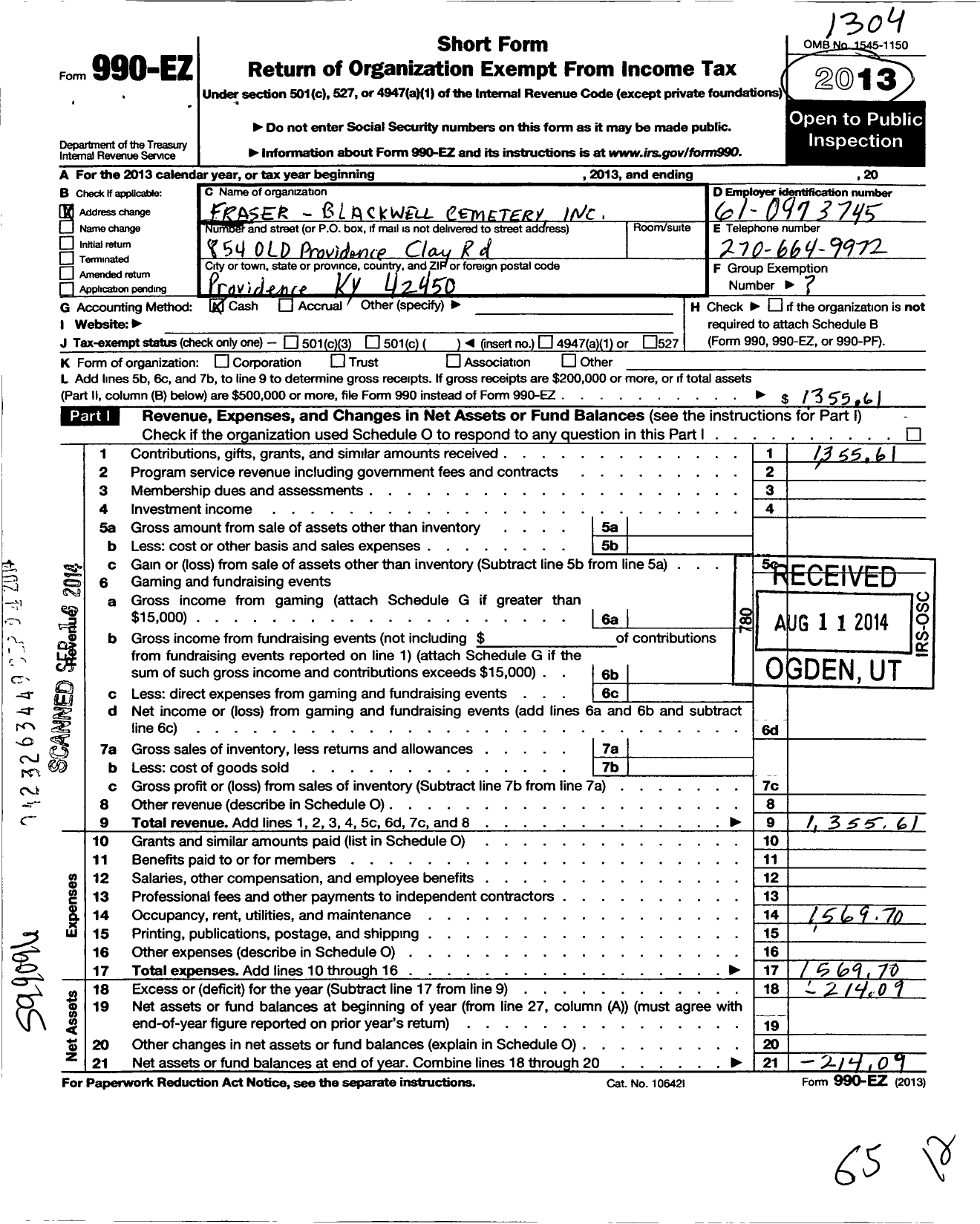 Image of first page of 2012 Form 990EO for Fraser-Blackwell Cemetery