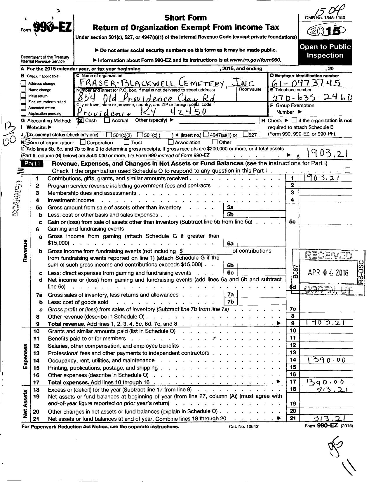 Image of first page of 2015 Form 990EO for Fraser-Blackwell Cemetery