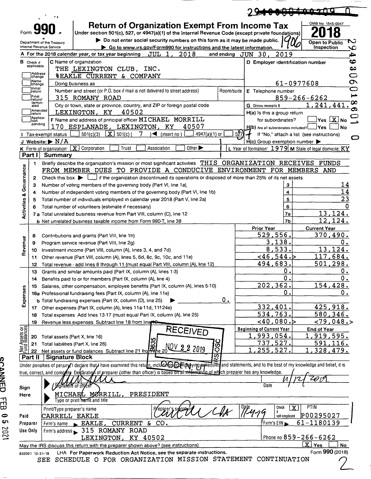 Image of first page of 2018 Form 990O for The Lexington Club %eakle and Company PLLC