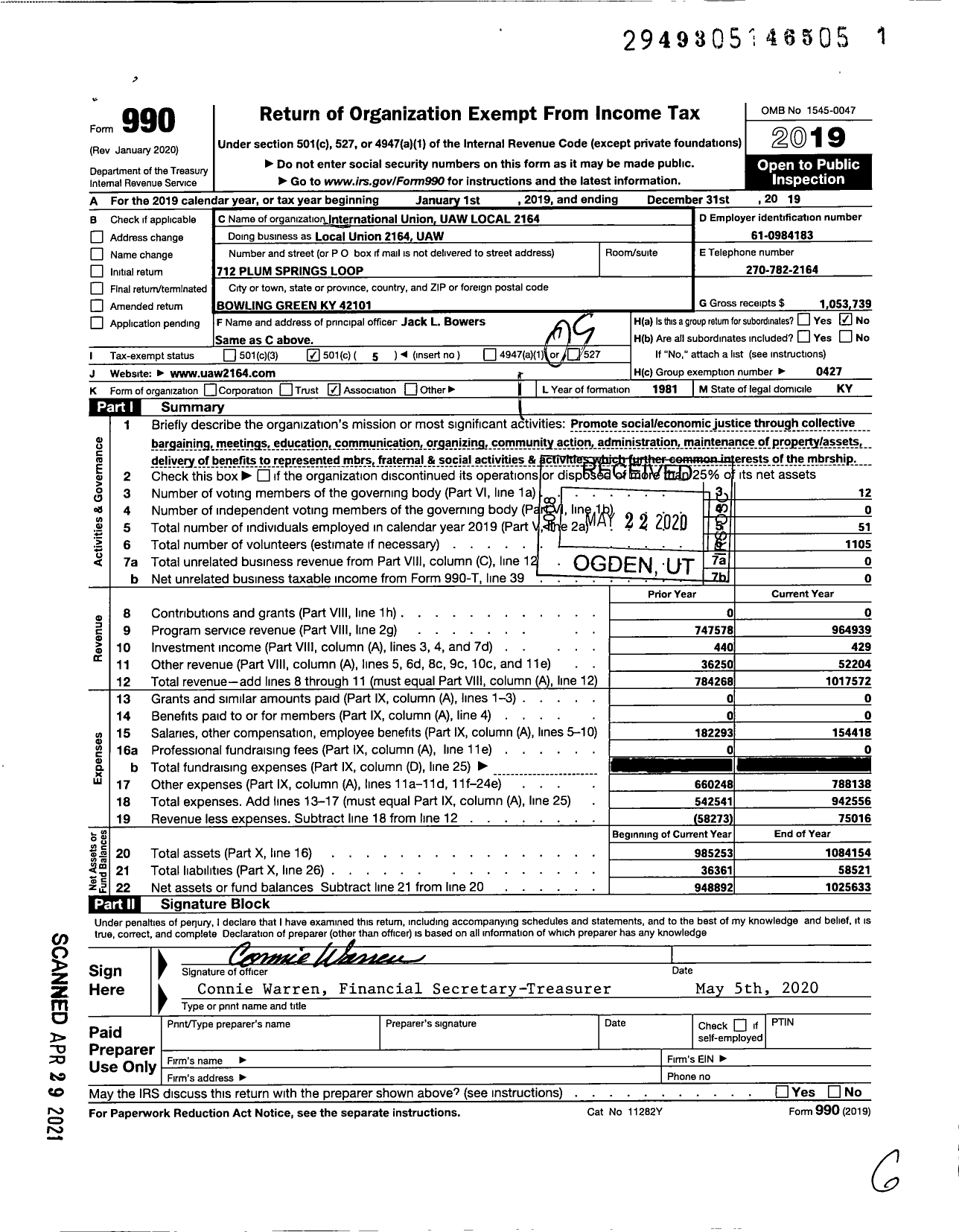 Image of first page of 2019 Form 990O for UAW - Local Union 2164 UAW