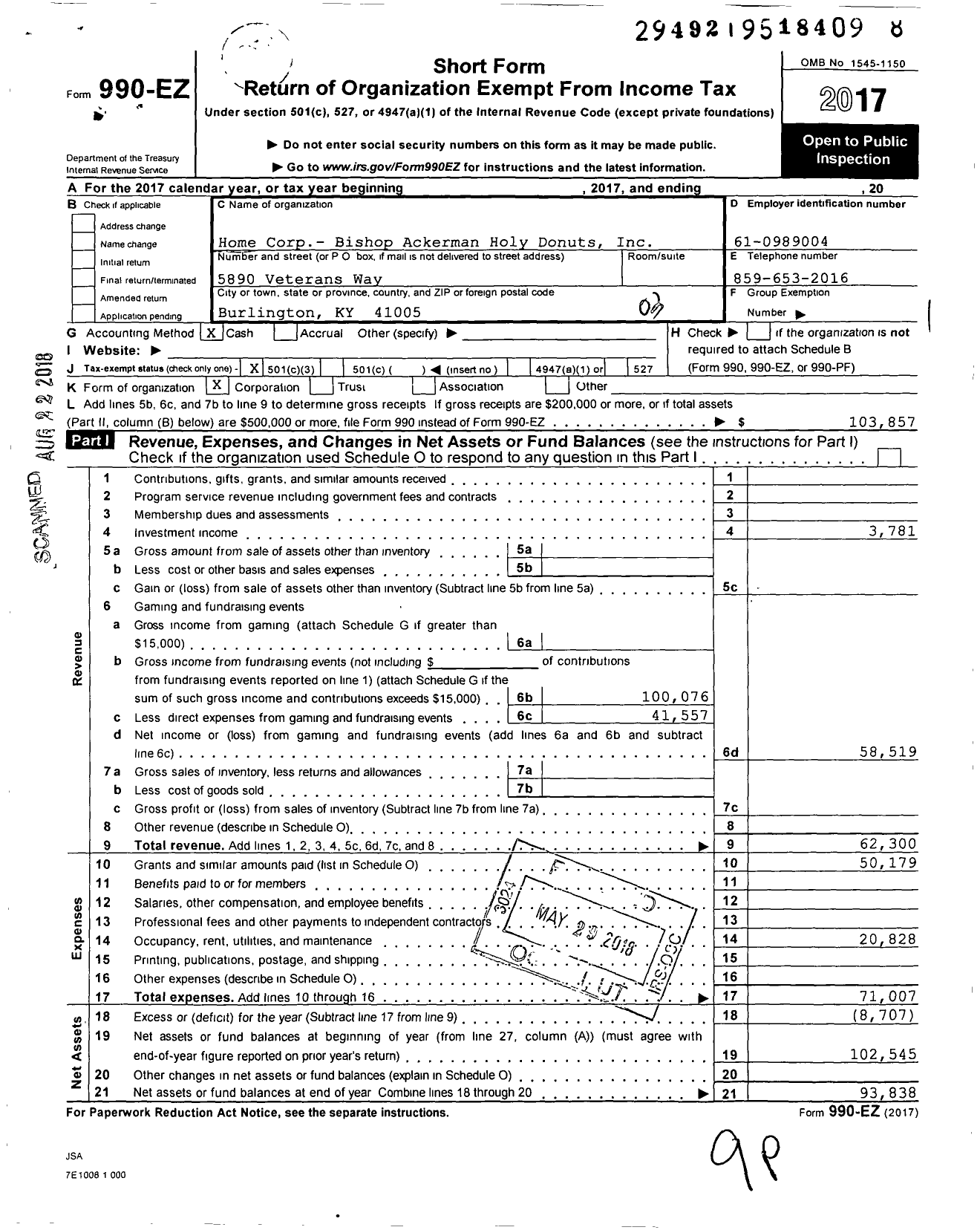 Image of first page of 2017 Form 990EZ for Knights of Columbus 5453 Boone County