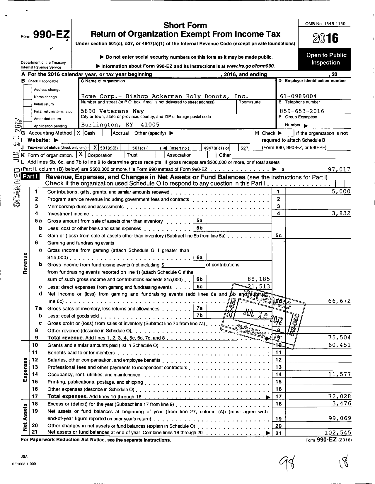 Image of first page of 2016 Form 990EZ for Knights of Columbus 5453 Boone County