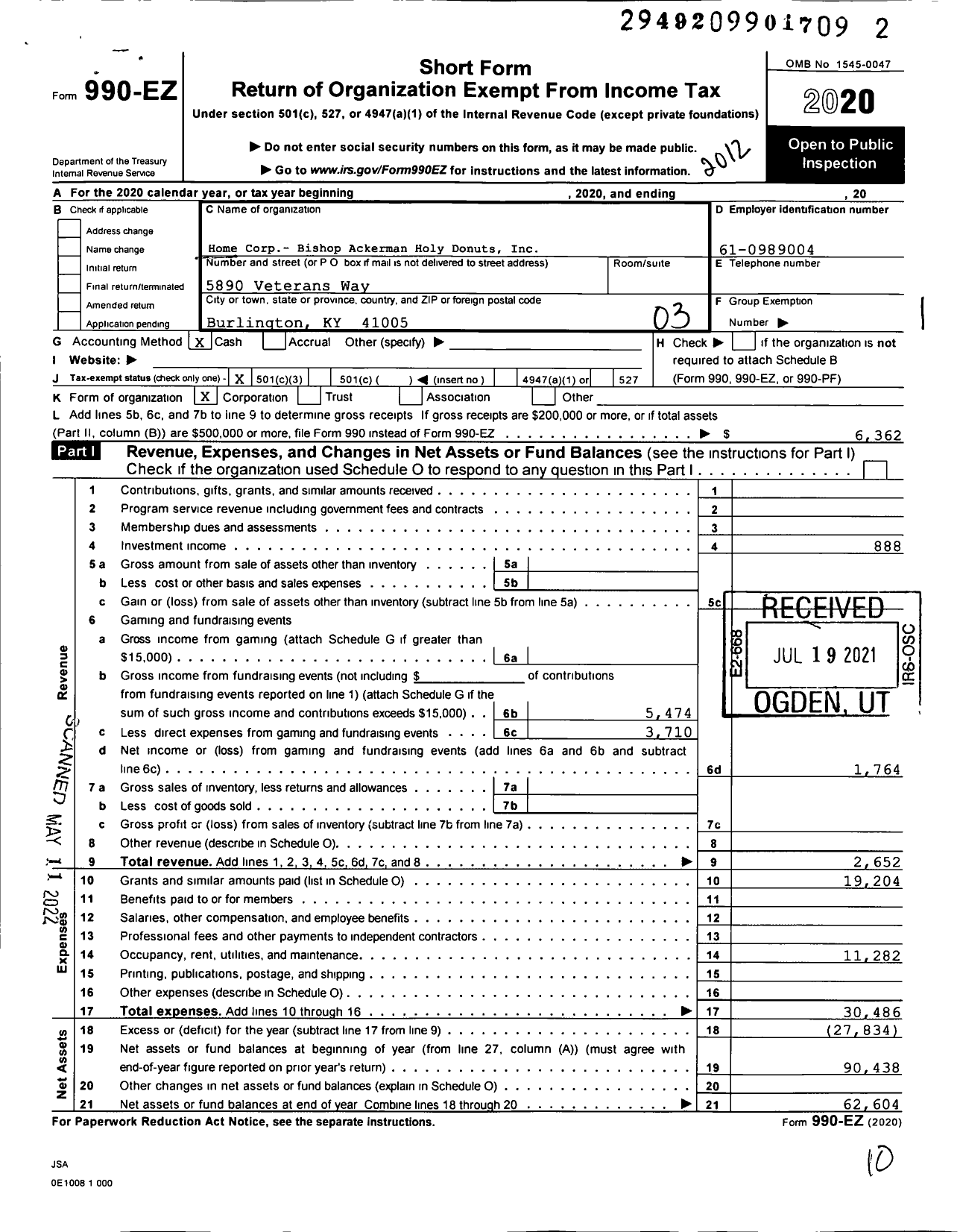 Image of first page of 2020 Form 990EZ for Knights of Columbus 5453 Boone County