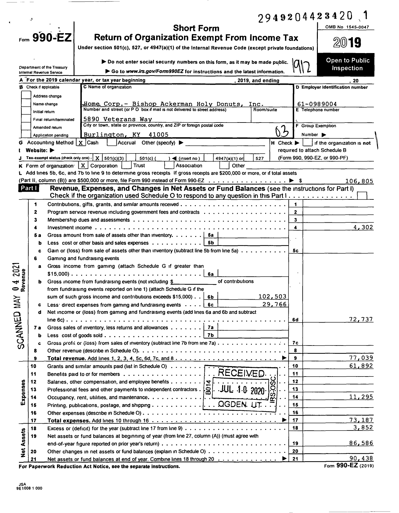 Image of first page of 2019 Form 990EZ for Knights of Columbus 5453 Boone County