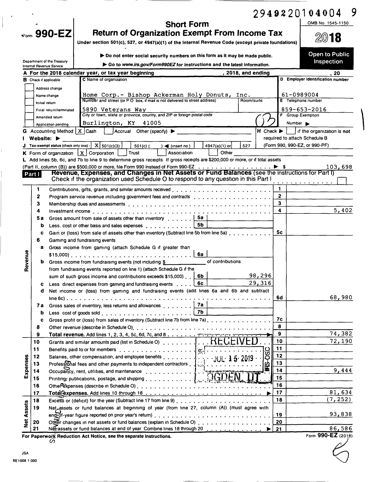 Image of first page of 2018 Form 990EZ for Knights of Columbus 5453 Boone County