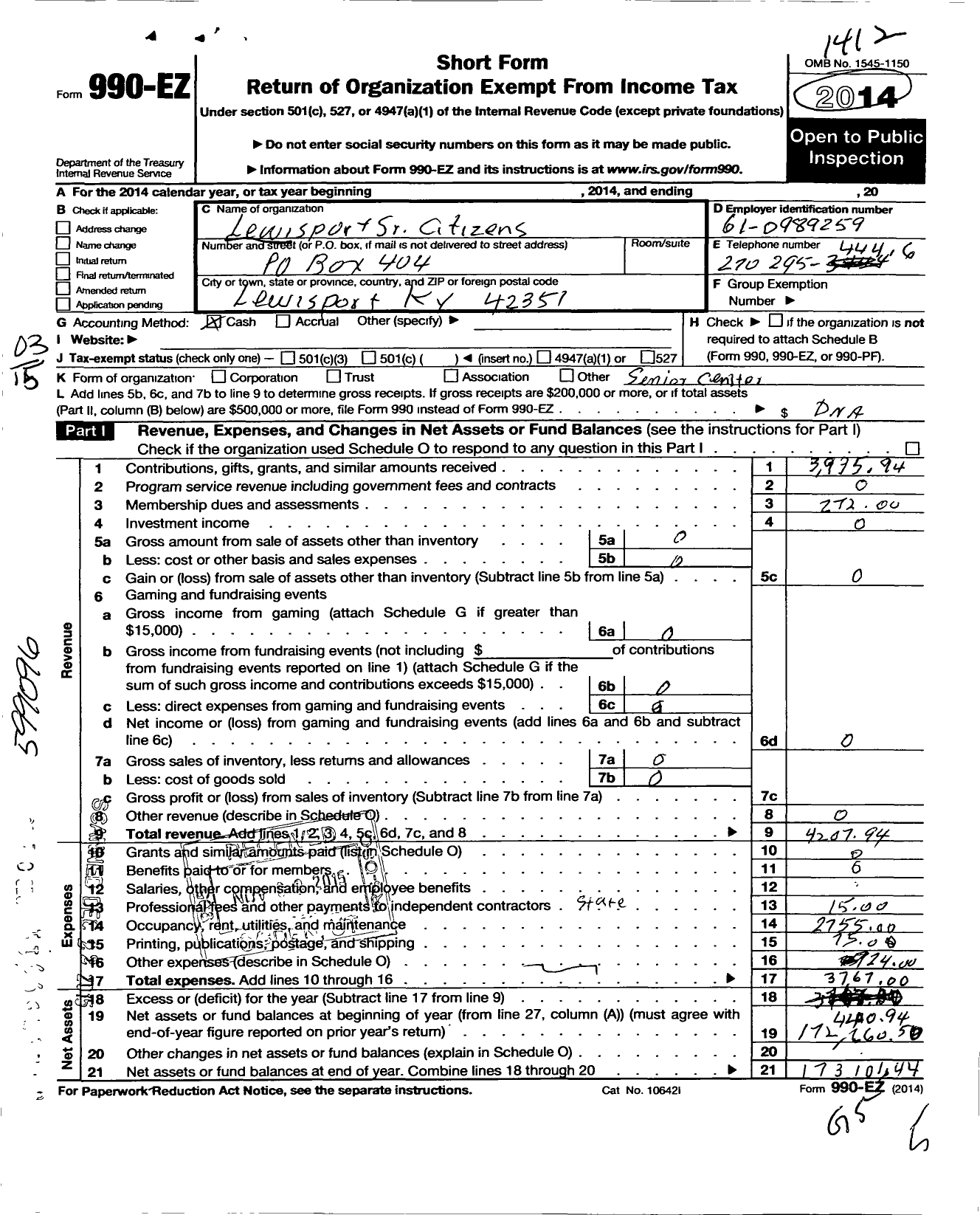 Image of first page of 2014 Form 990EO for Lewisport Senior Citizens