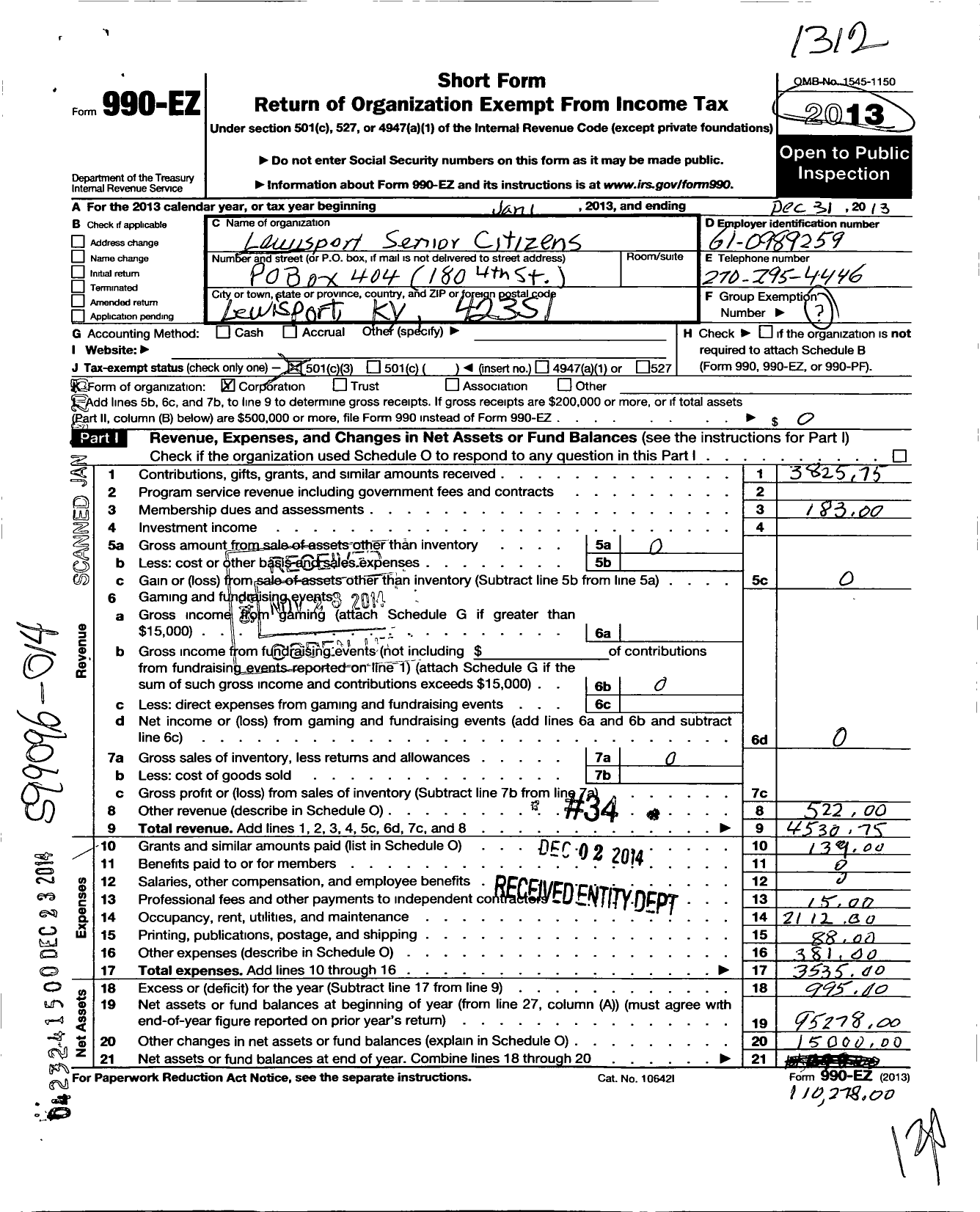 Image of first page of 2013 Form 990EZ for Lewisport Senior Citizens