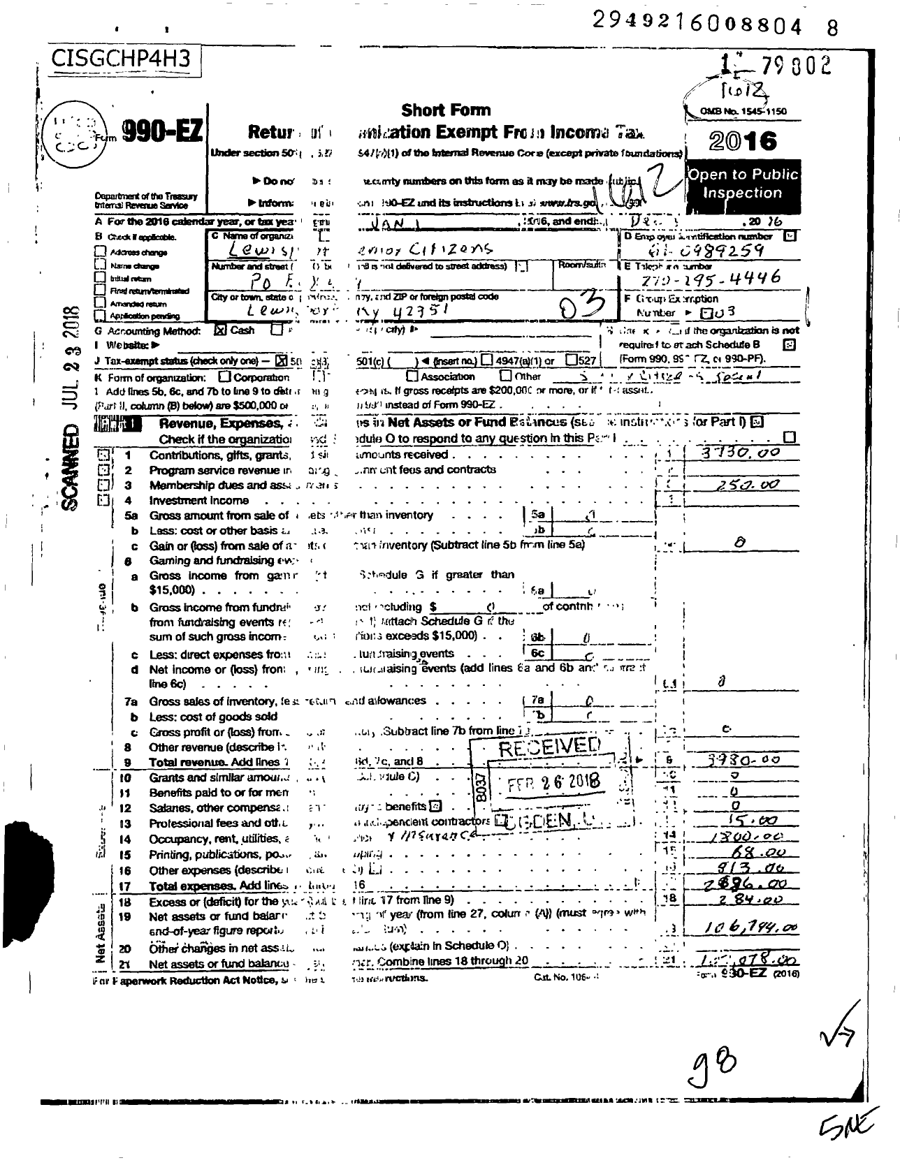 Image of first page of 2016 Form 990EZ for Lewisport Senior Citizens