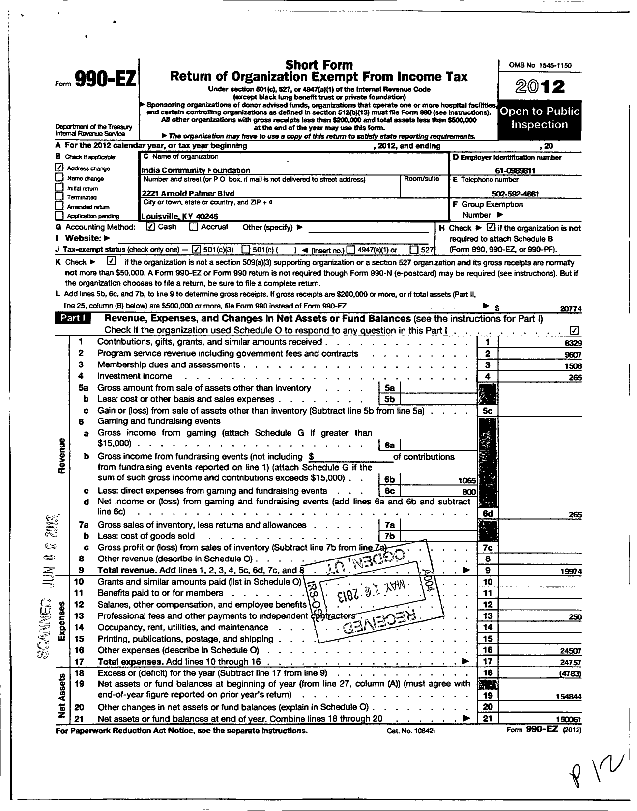 Image of first page of 2012 Form 990EZ for India Community Foundation