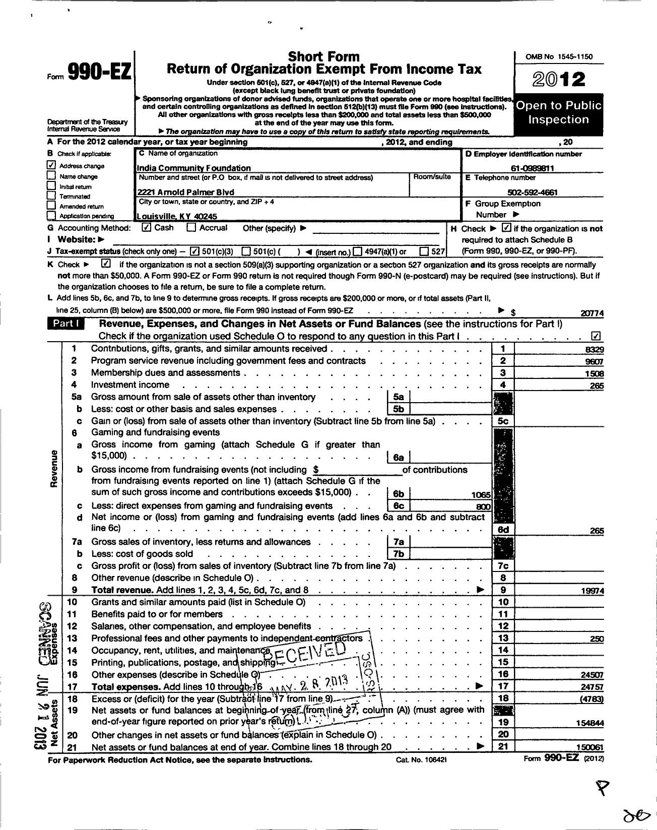 Image of first page of 2012 Form 990EZ for India Community Foundation