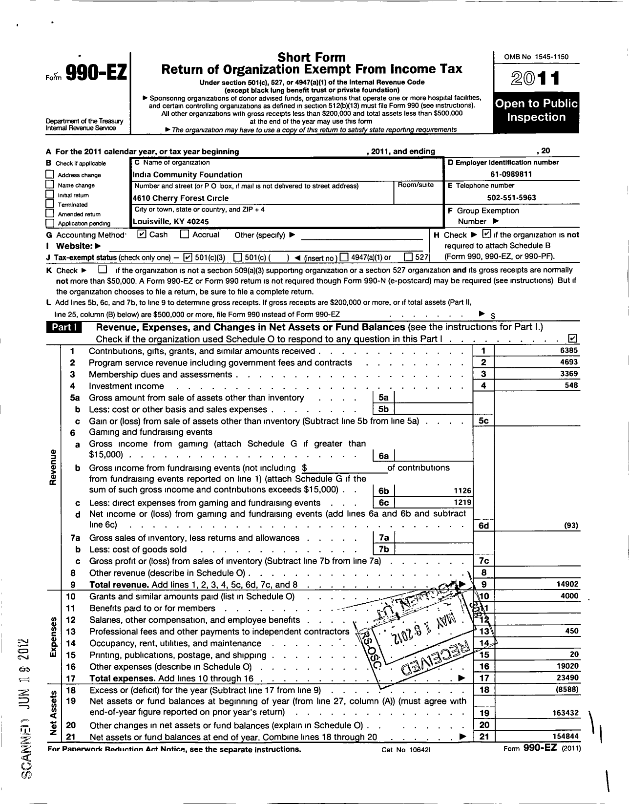 Image of first page of 2011 Form 990EZ for India Community Foundation