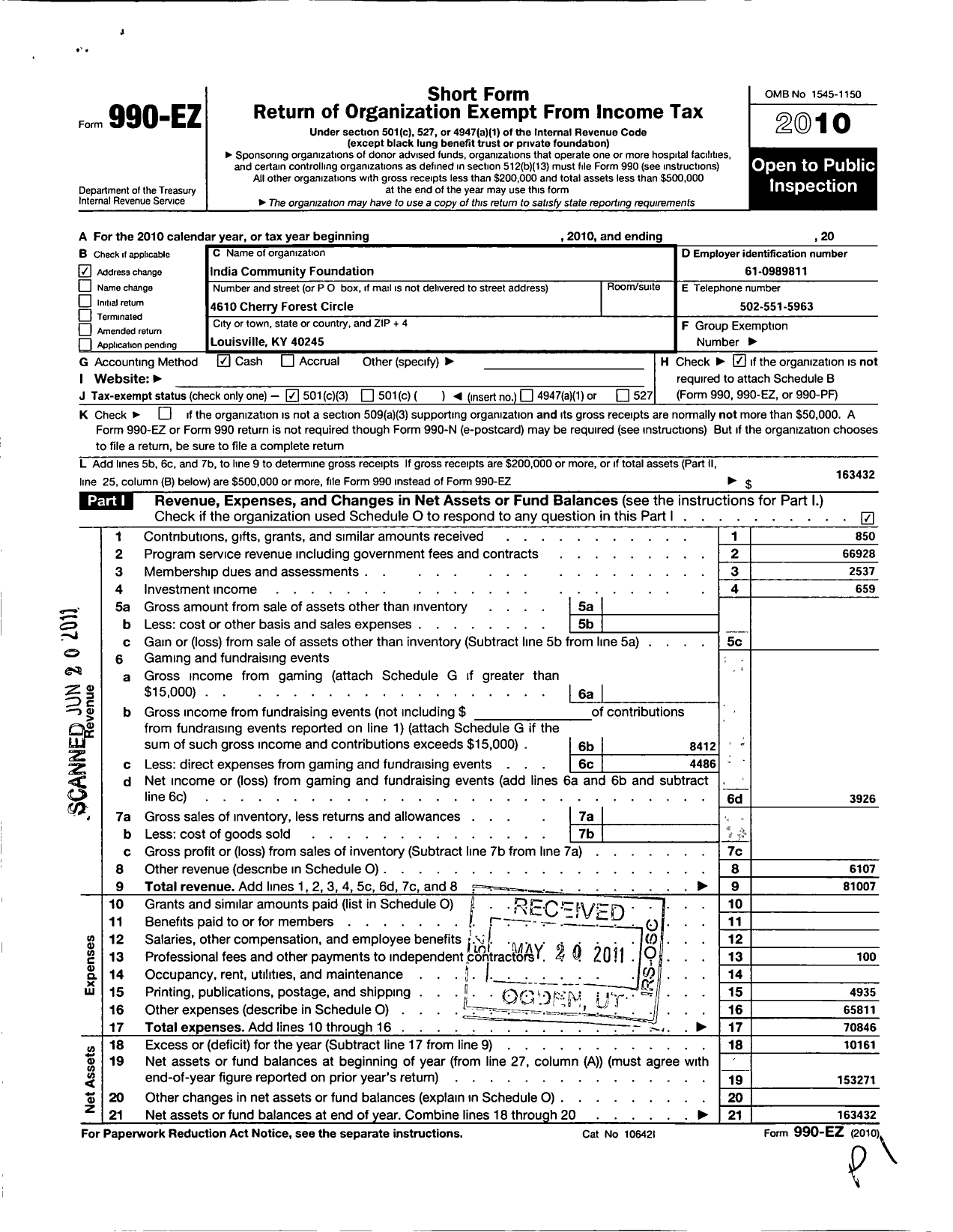 Image of first page of 2010 Form 990EZ for India Community Foundation