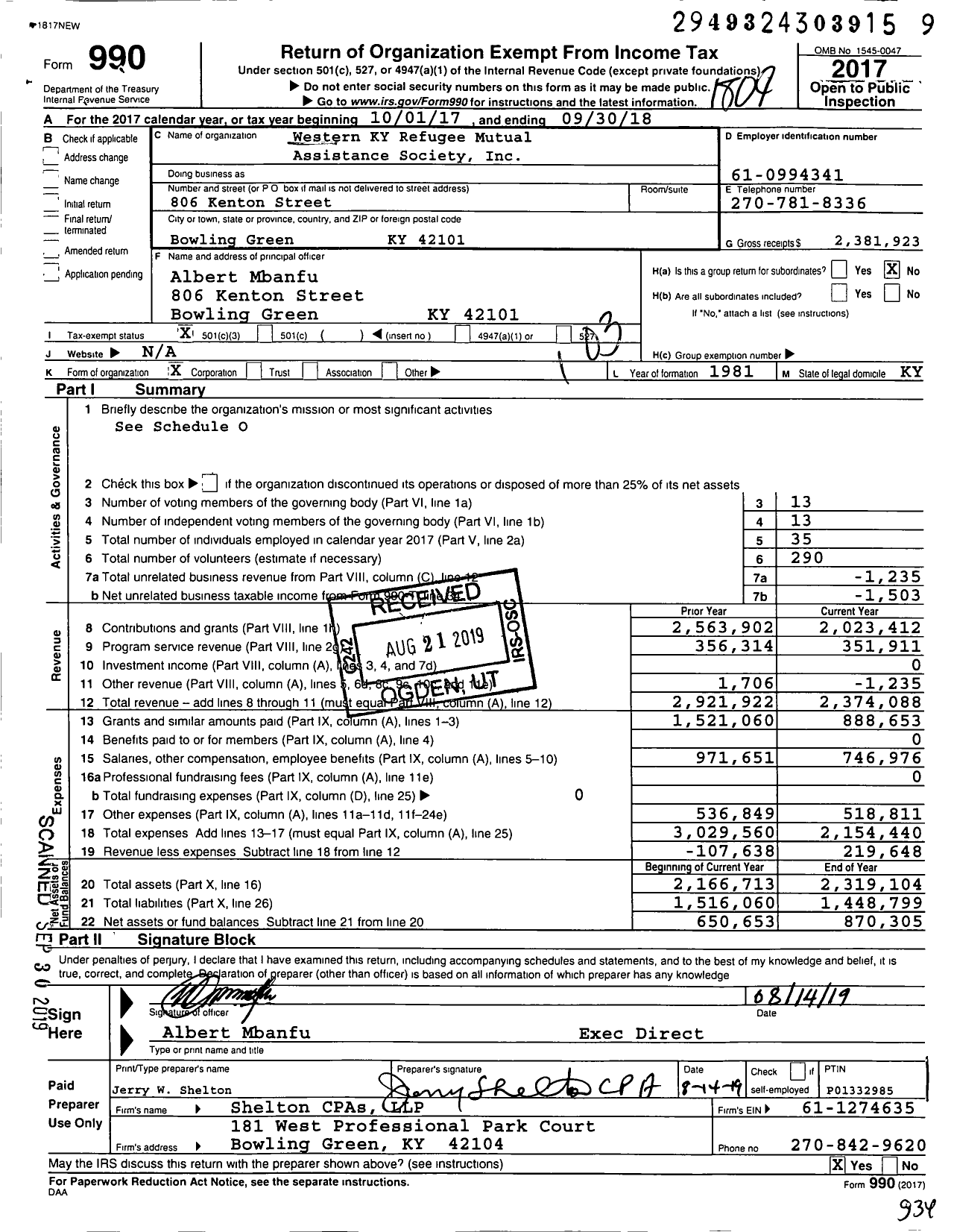 Image of first page of 2017 Form 990 for Western Ky Refugee Mutual Assistance Society