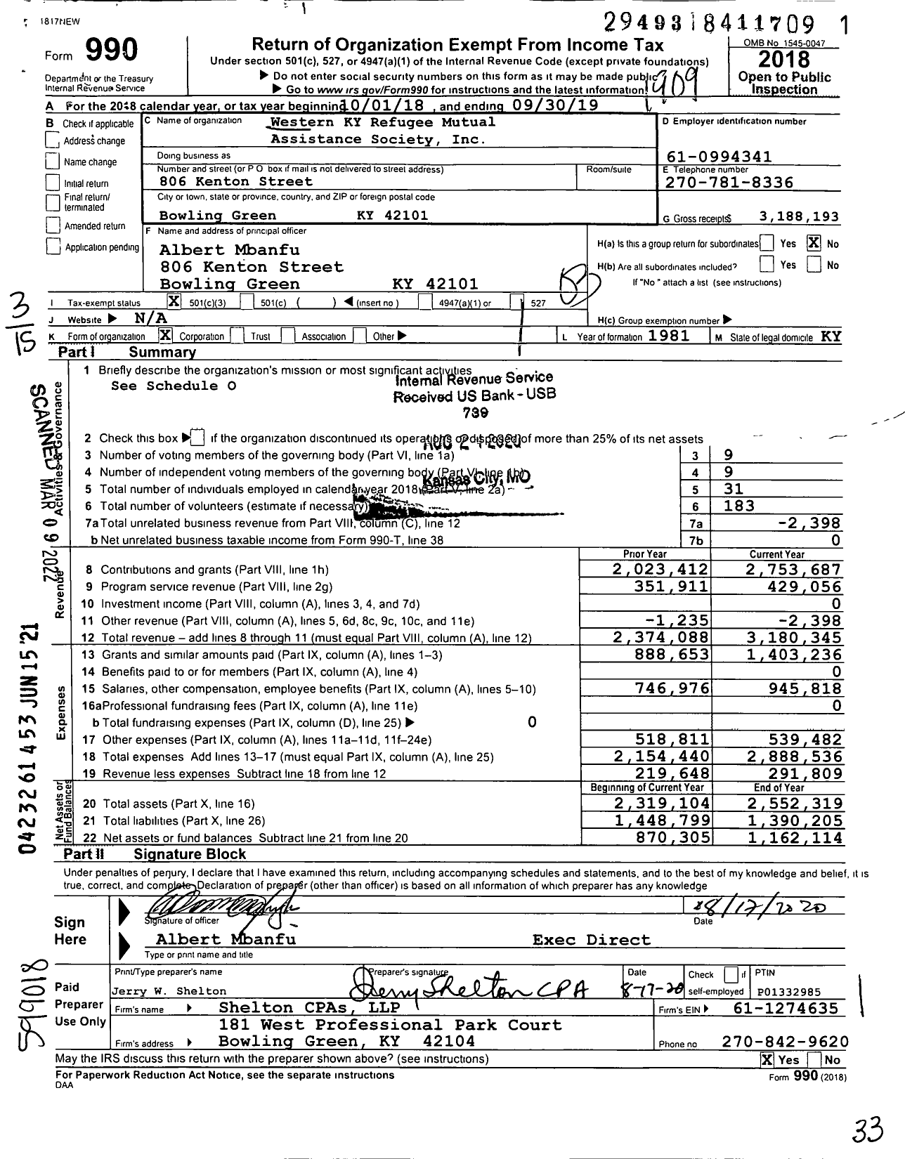 Image of first page of 2018 Form 990 for Western Ky Refugee Mutual Assistance Society