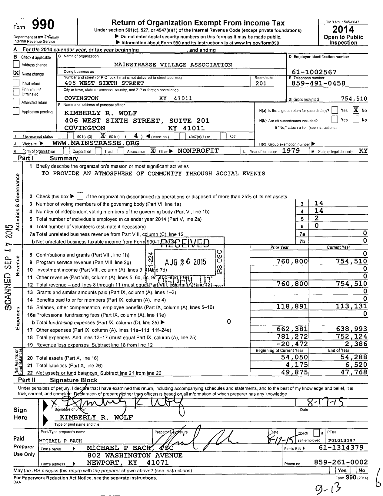 Image of first page of 2014 Form 990O for Mainstrasse Village Association