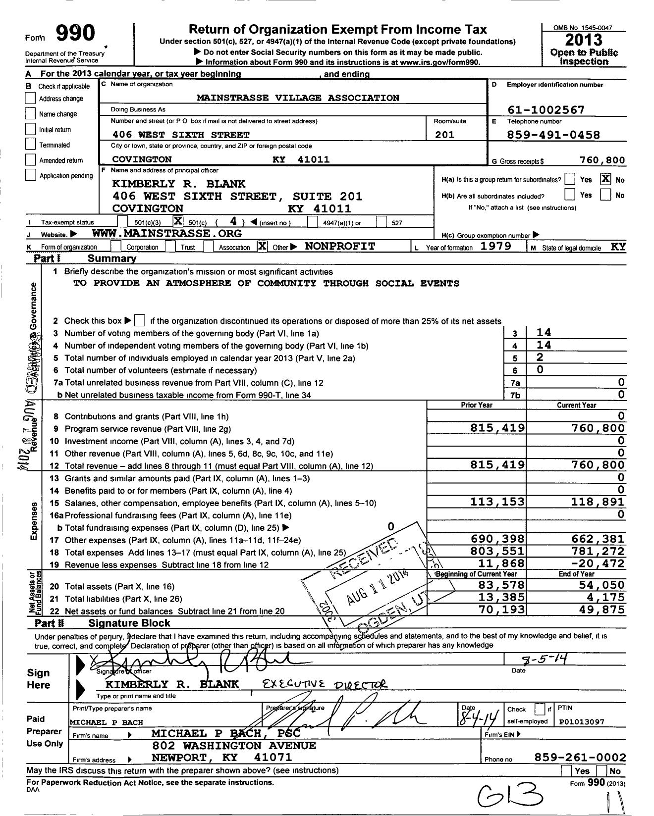 Image of first page of 2013 Form 990O for Mainstrasse Village Association