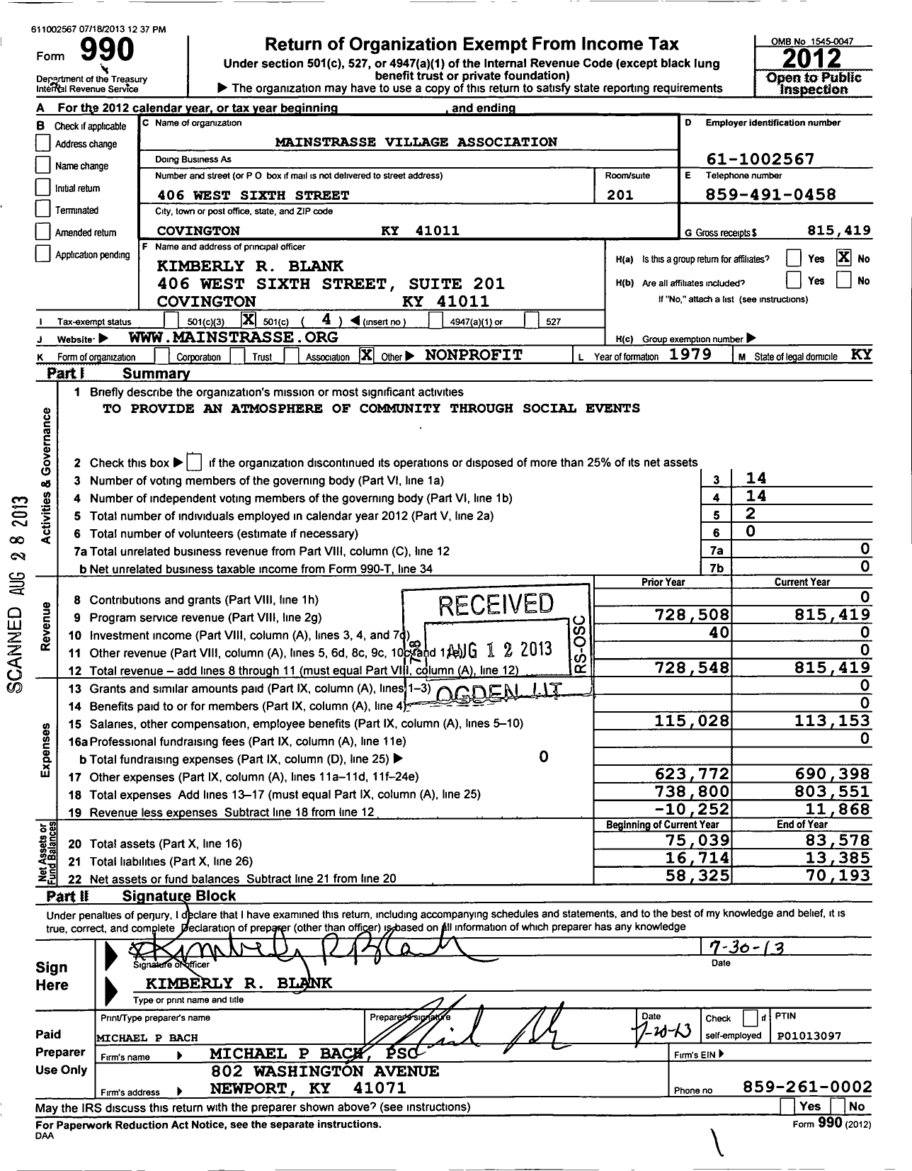 Image of first page of 2012 Form 990O for Mainstrasse Village Association