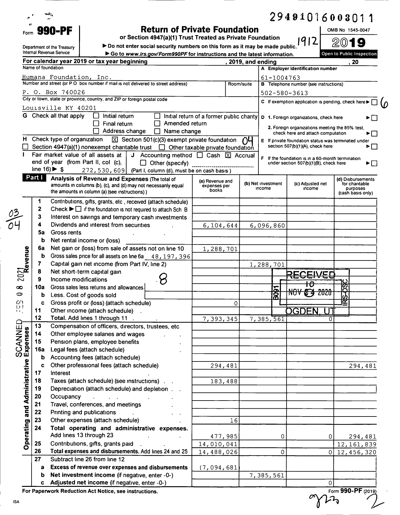 Image of first page of 2019 Form 990PF for Humana Foundation