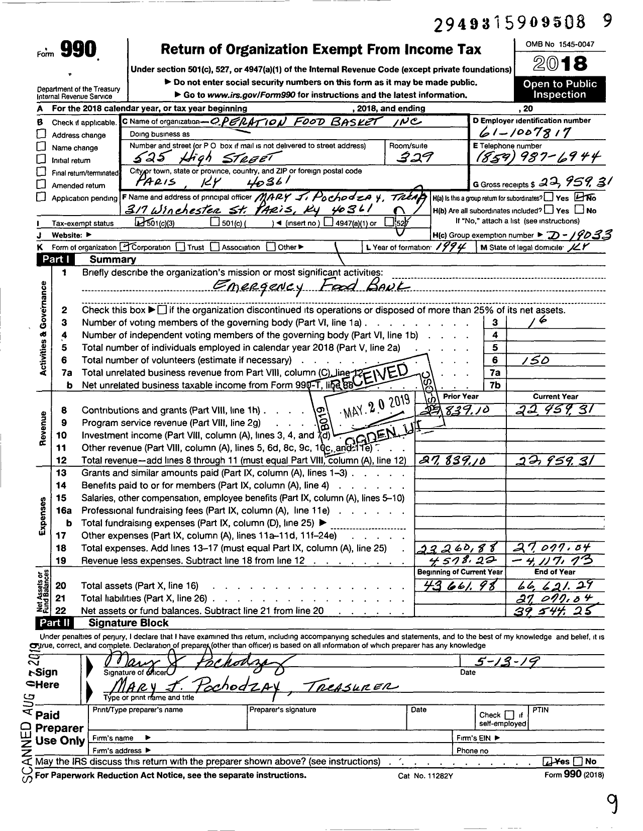 Image of first page of 2018 Form 990 for Operation Food Basket
