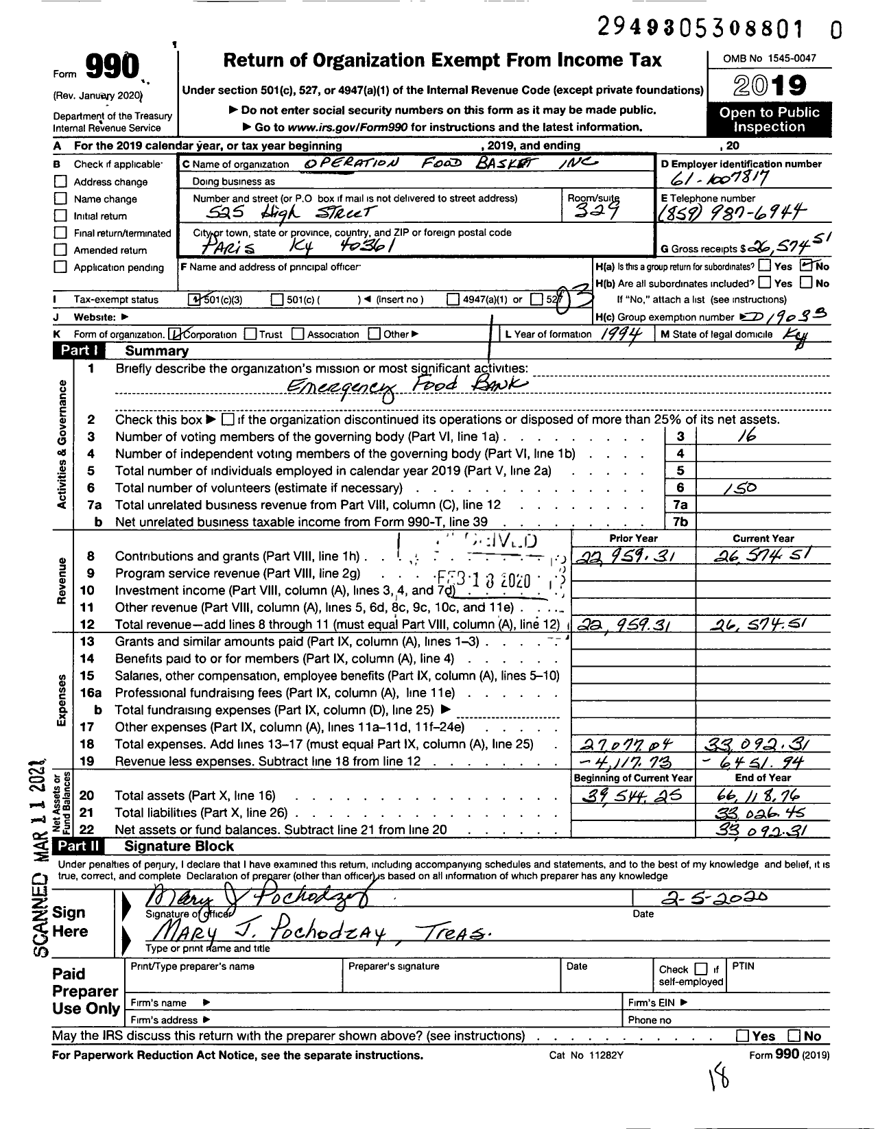 Image of first page of 2019 Form 990 for Operation Food Basket