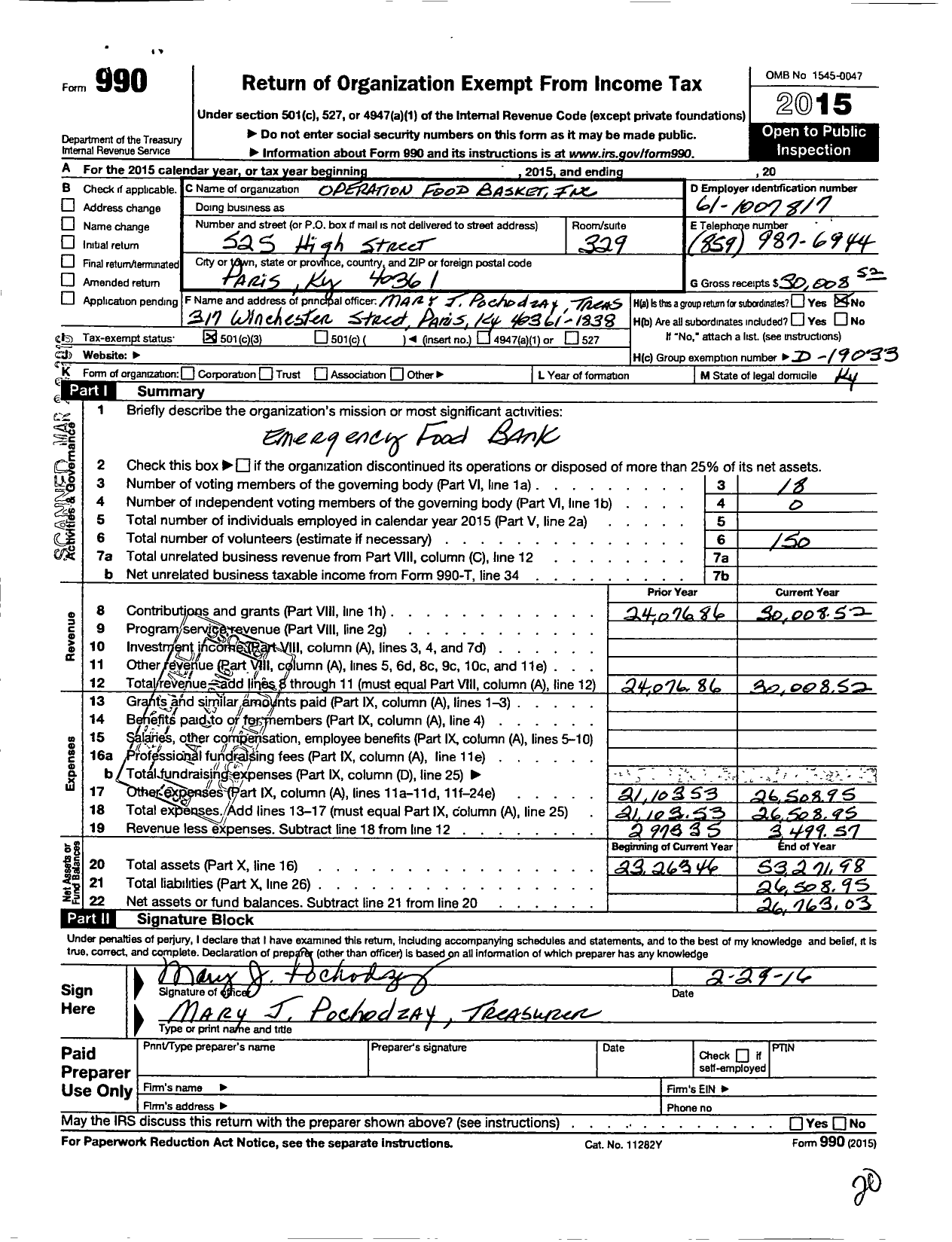 Image of first page of 2015 Form 990 for Operation Food Basket