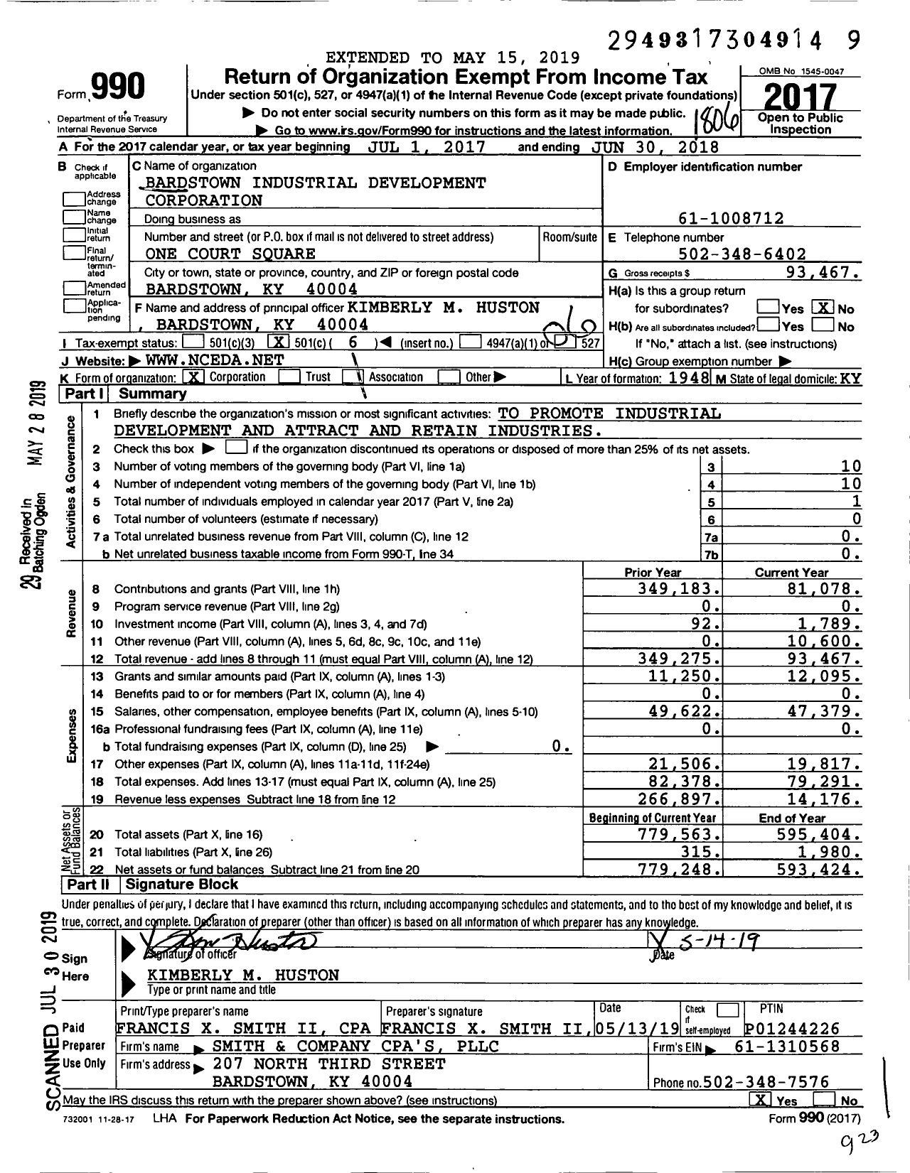 Image of first page of 2017 Form 990O for Bardstown Industrial Development Corporation