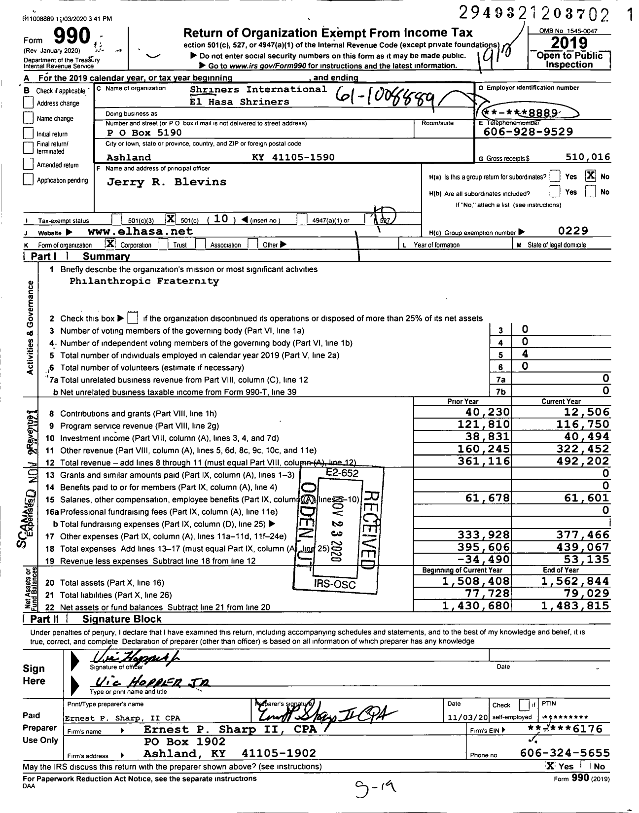 Image of first page of 2019 Form 990O for Shriners International El Hasa Shriners