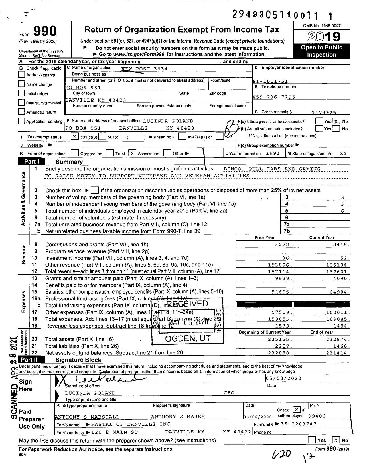 Image of first page of 2019 Form 990 for Veterans of Foreign Wars Dept of Kentucky - 3634 VFW 3634