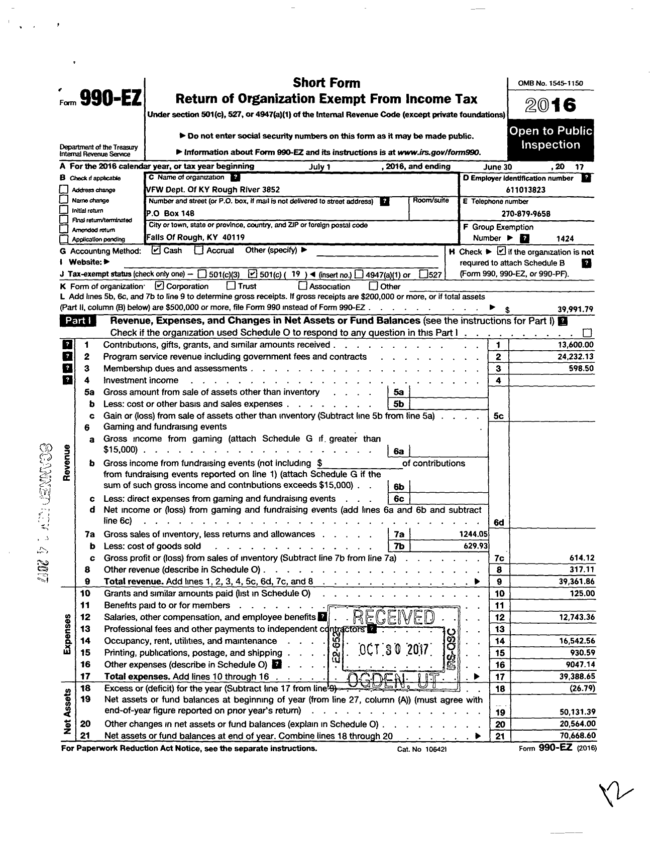 Image of first page of 2016 Form 990EO for Veterans of Foreign Wars Dept of Kentucky - 3852 Rough River Post