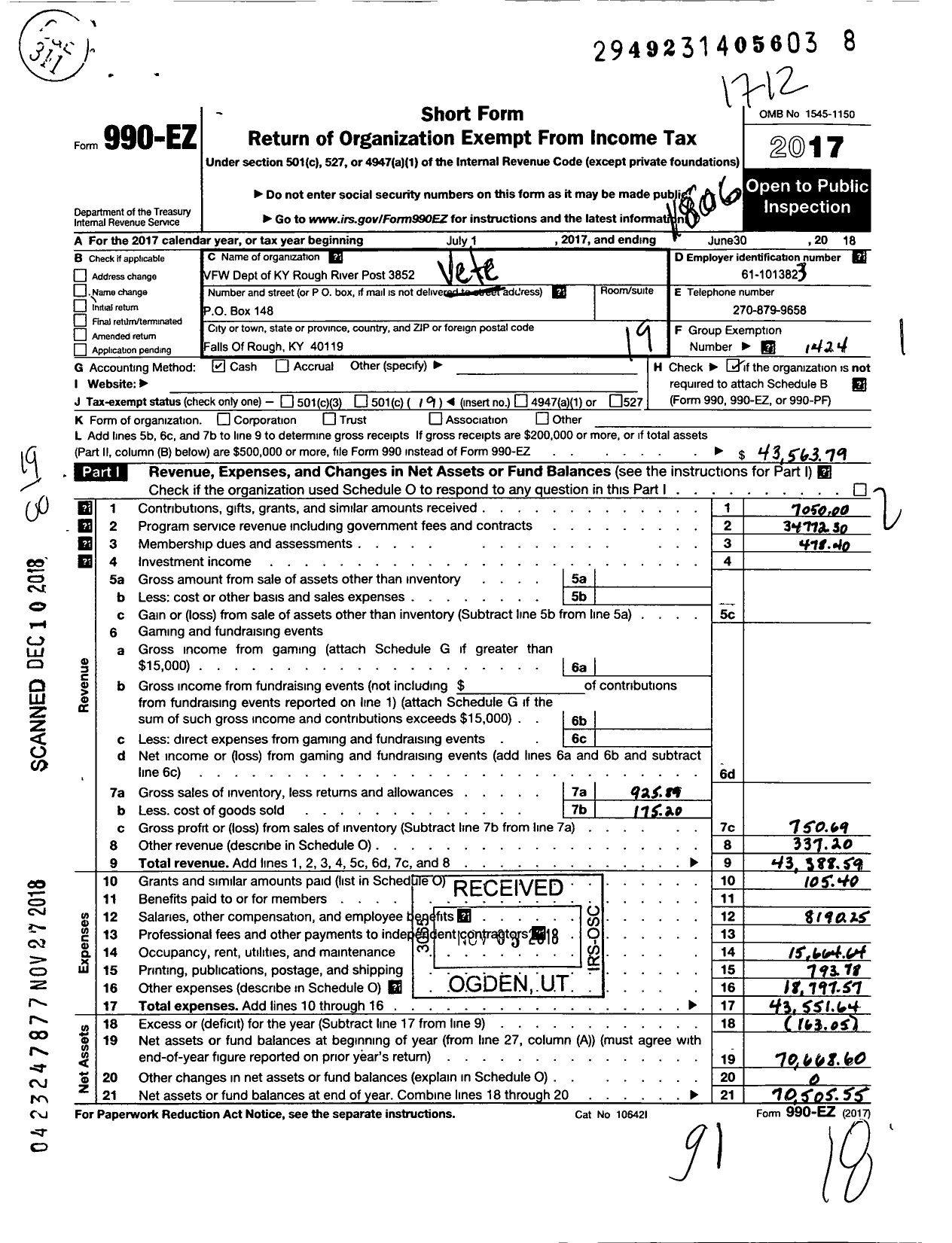 Image of first page of 2017 Form 990EO for Veterans of Foreign Wars Dept of Kentucky - 3852 Rough River Post