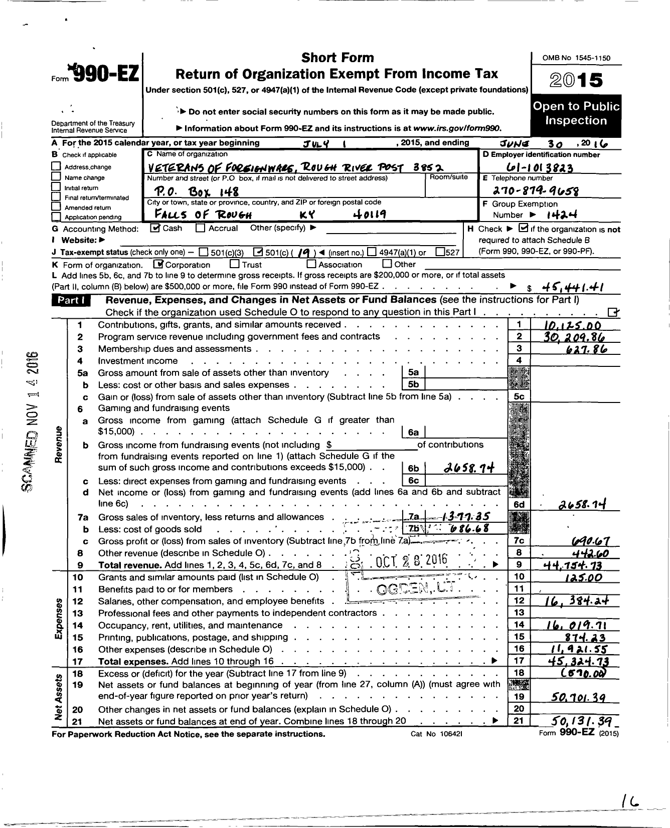 Image of first page of 2015 Form 990EO for Veterans of Foreign Wars Dept of Kentucky - 3852 Rough River Post