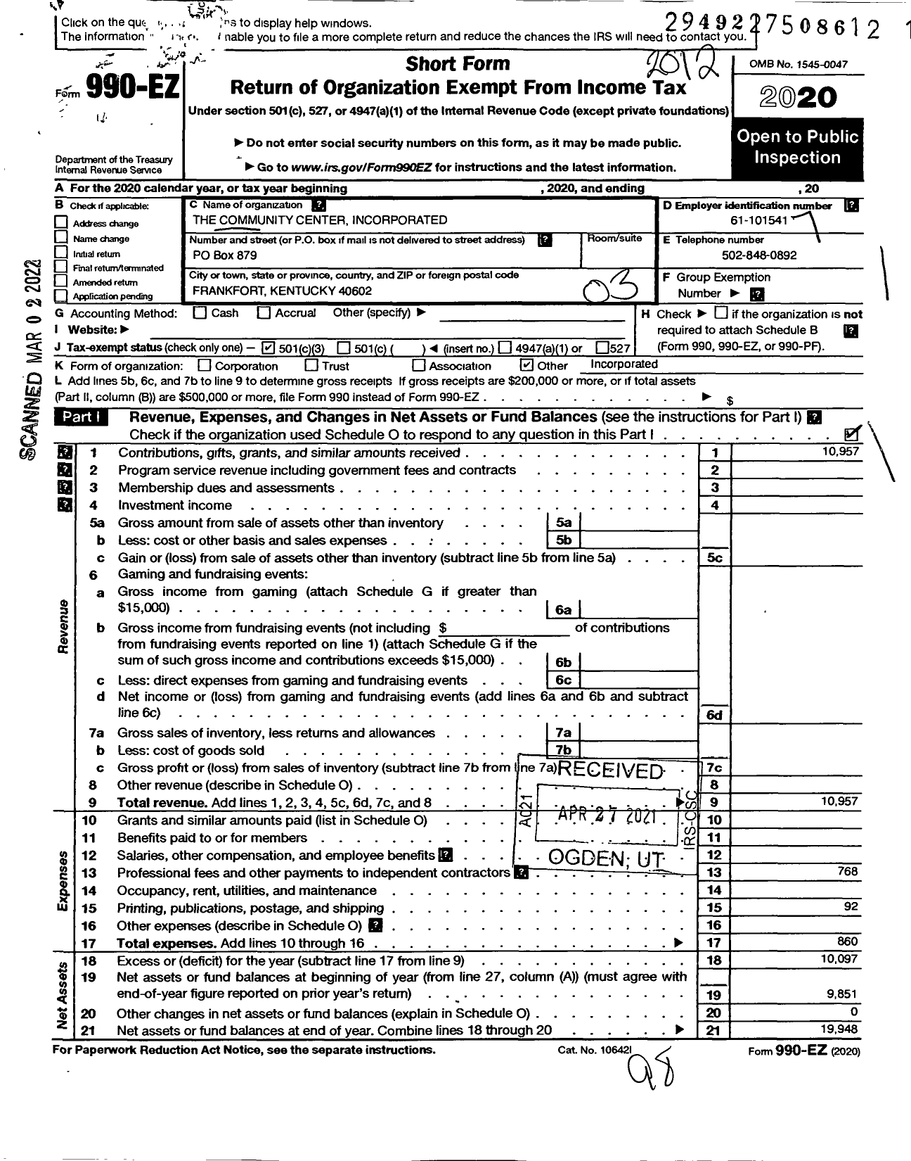 Image of first page of 2020 Form 990EZ for The Community Center