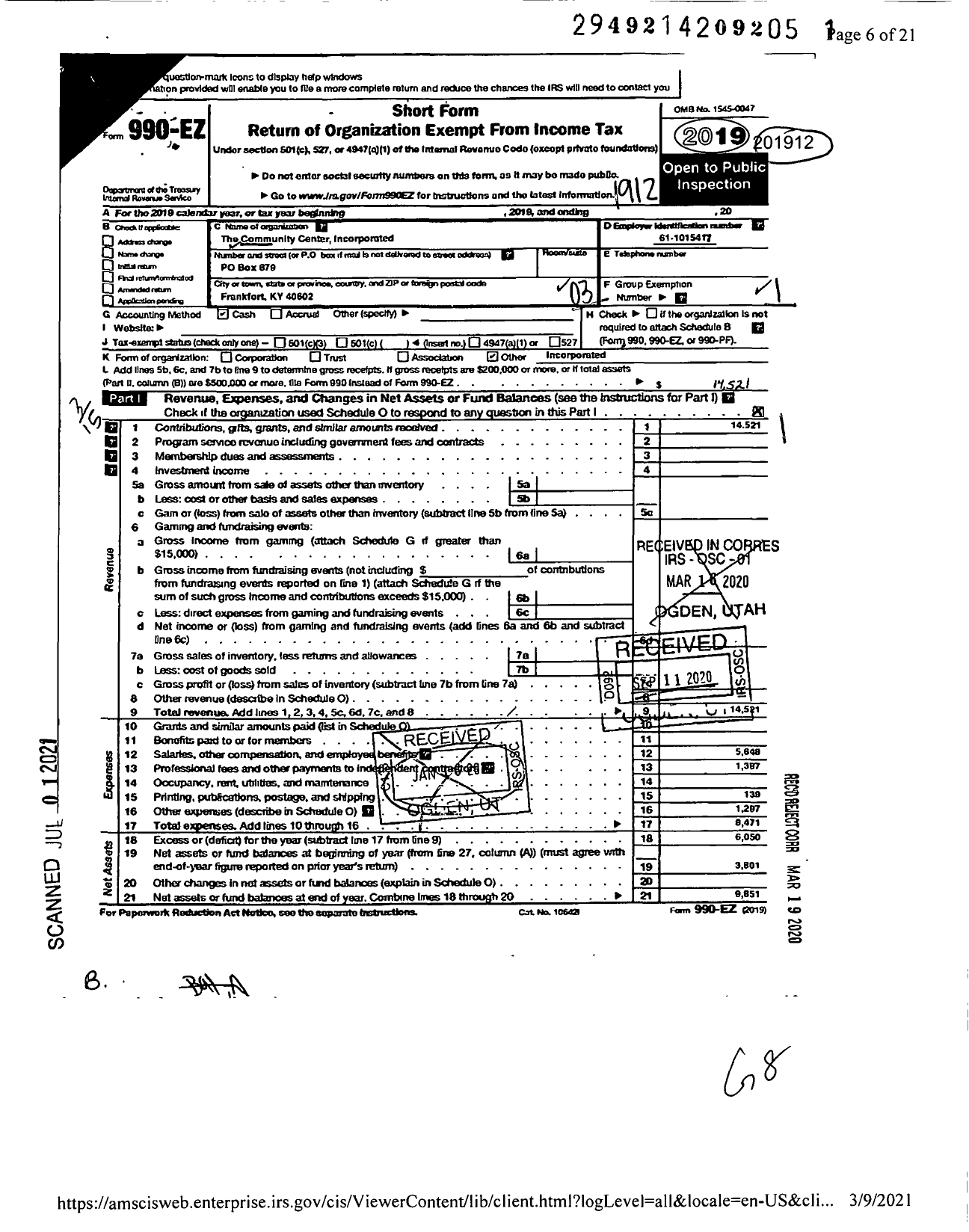 Image of first page of 2019 Form 990EZ for The Community Center