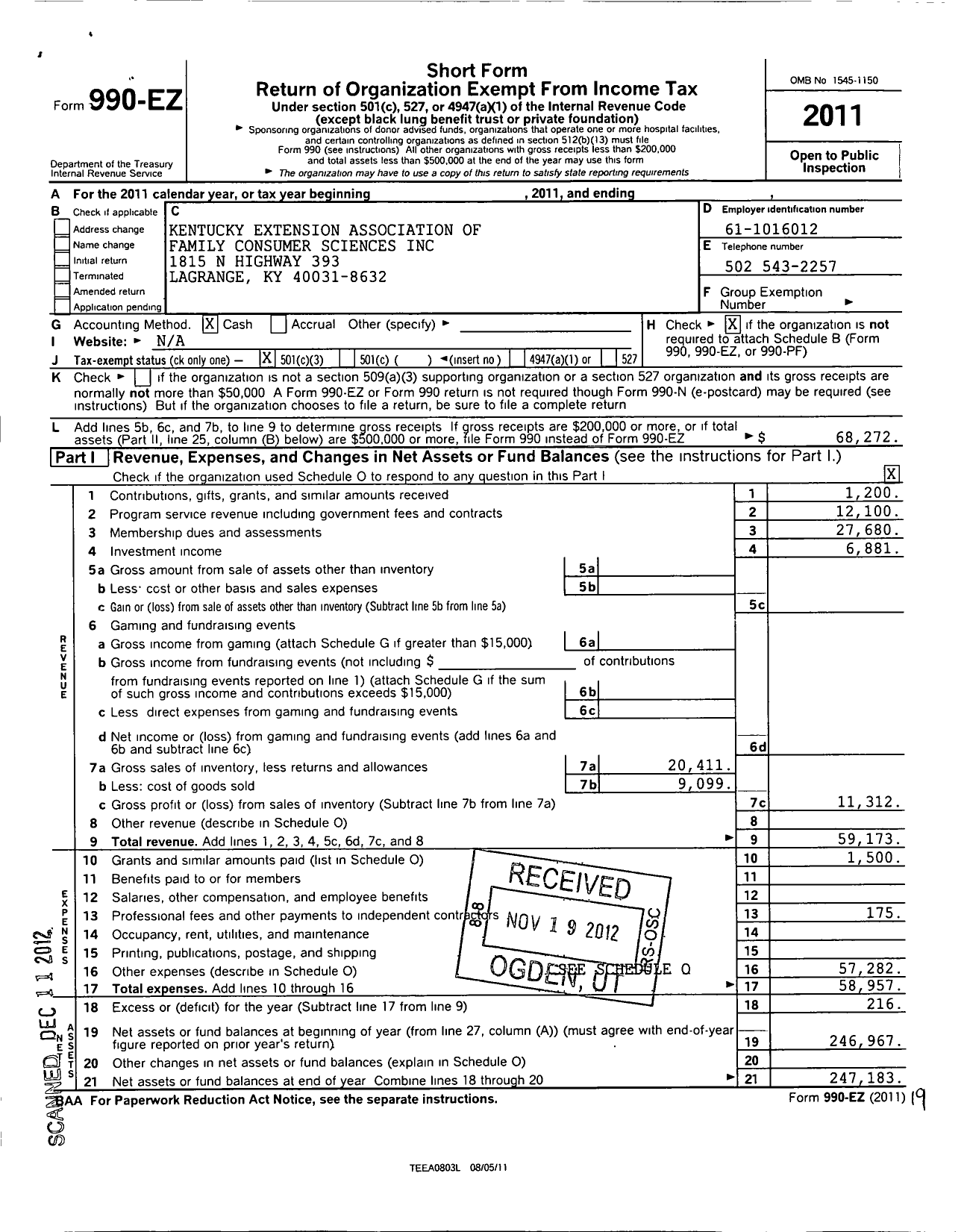 Image of first page of 2011 Form 990EZ for Kentucky Extention Association of