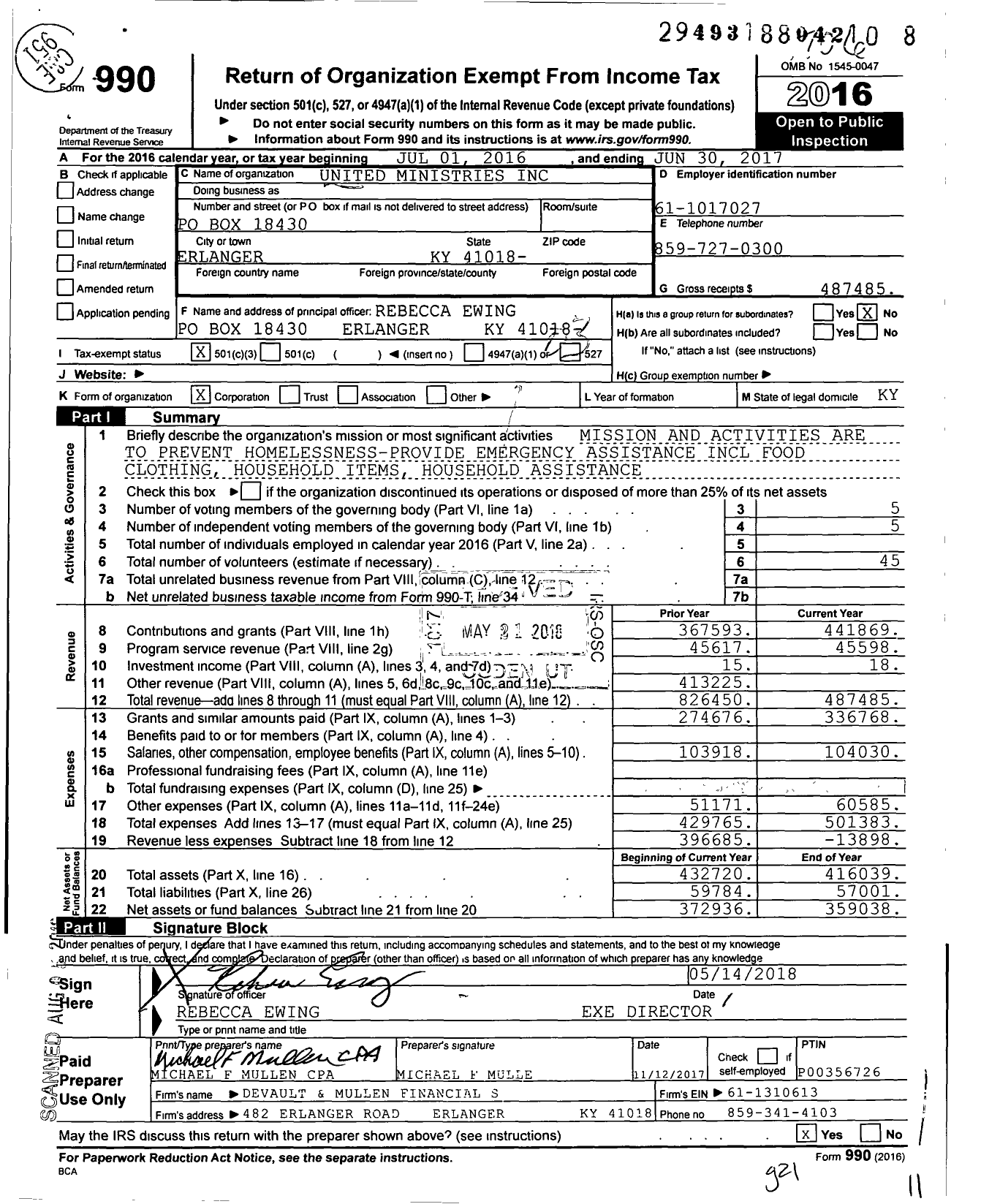 Image of first page of 2016 Form 990 for United Ministries