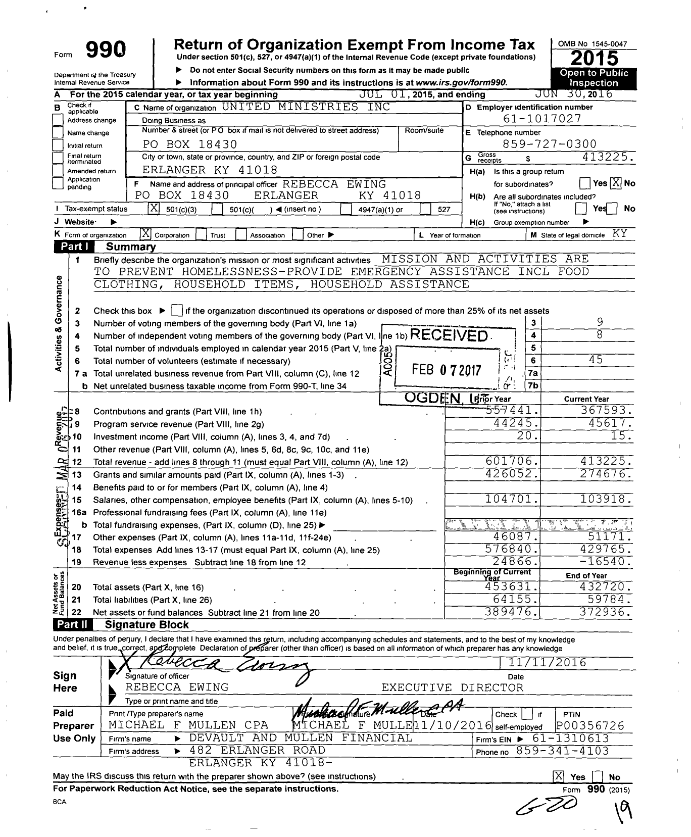 Image of first page of 2015 Form 990 for United Ministries