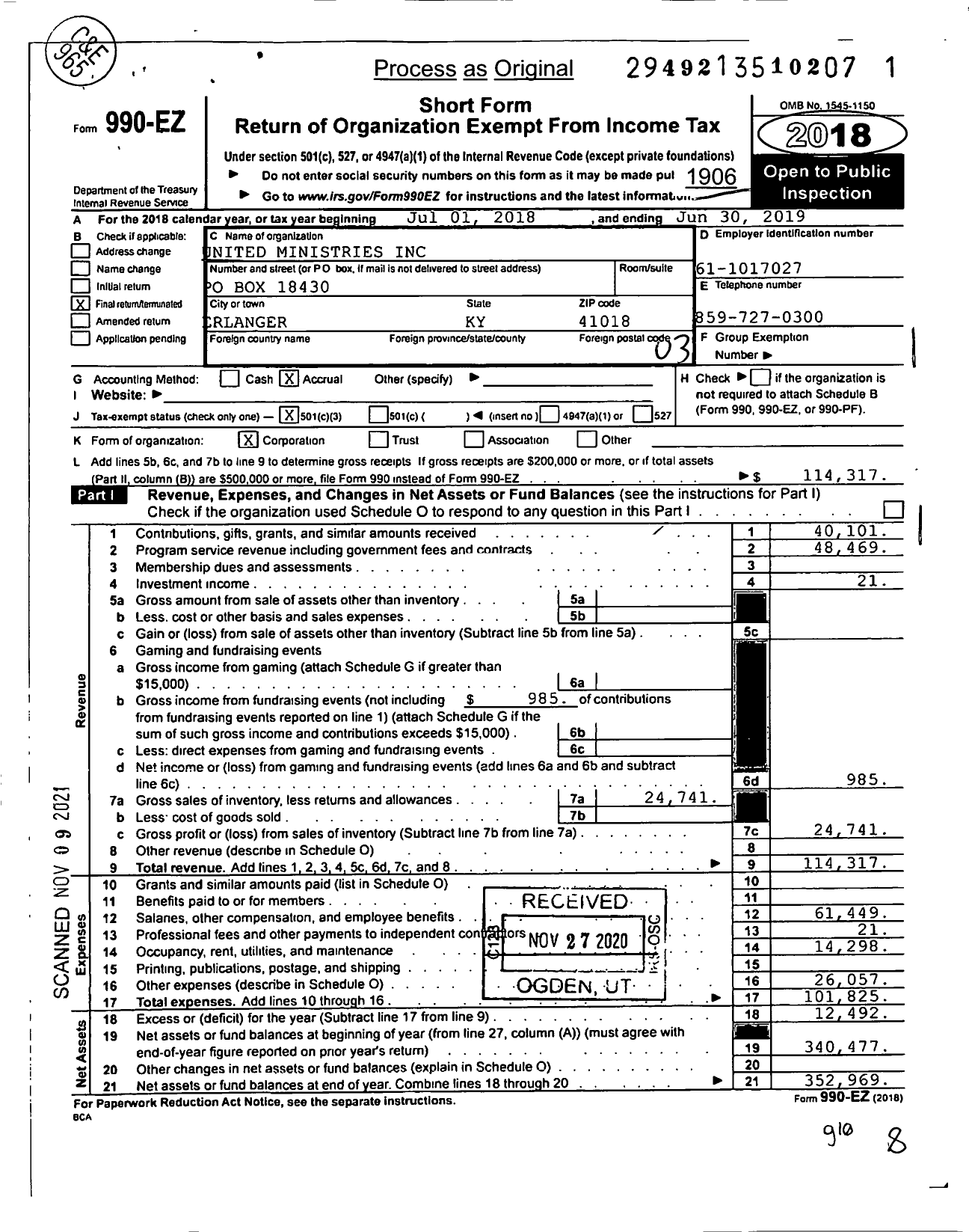 Image of first page of 2018 Form 990EZ for United Ministries