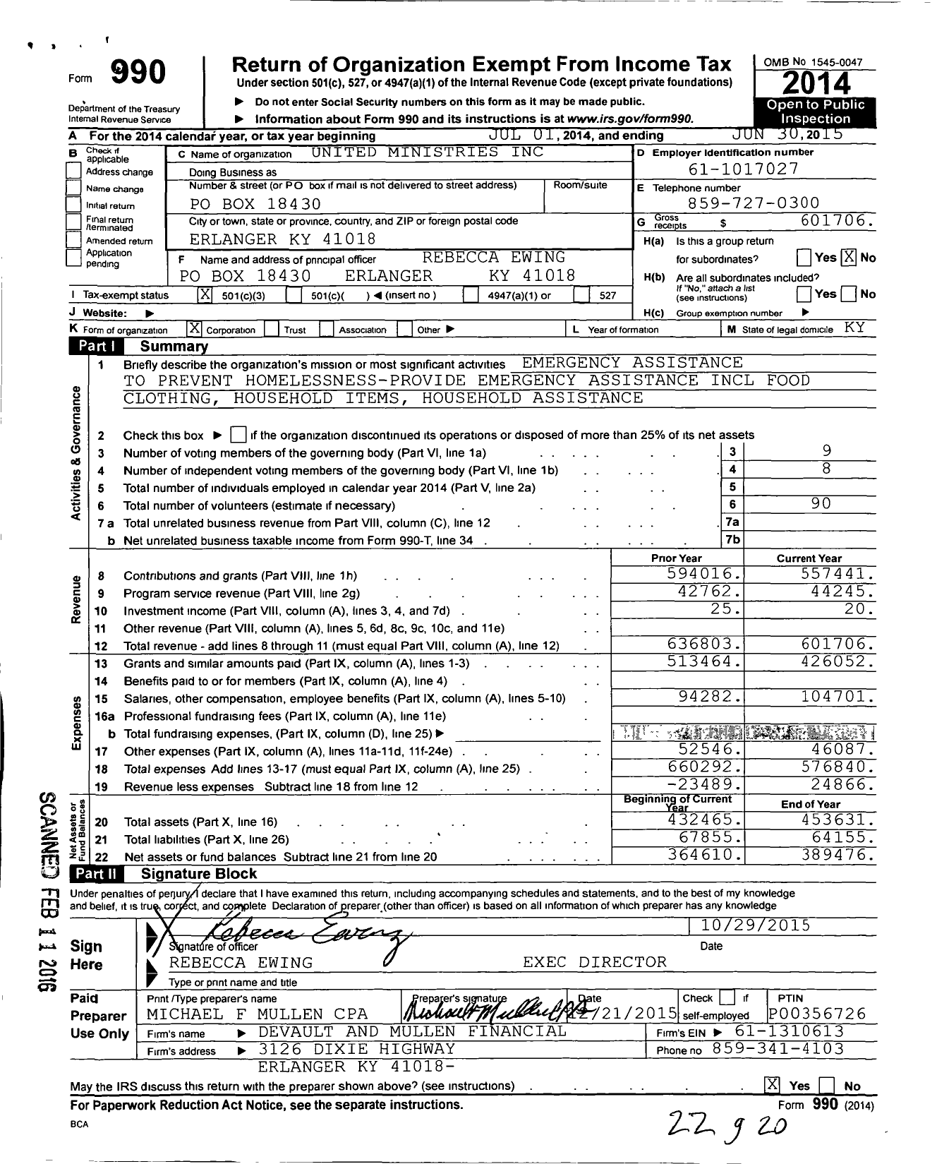 Image of first page of 2014 Form 990 for United Ministries