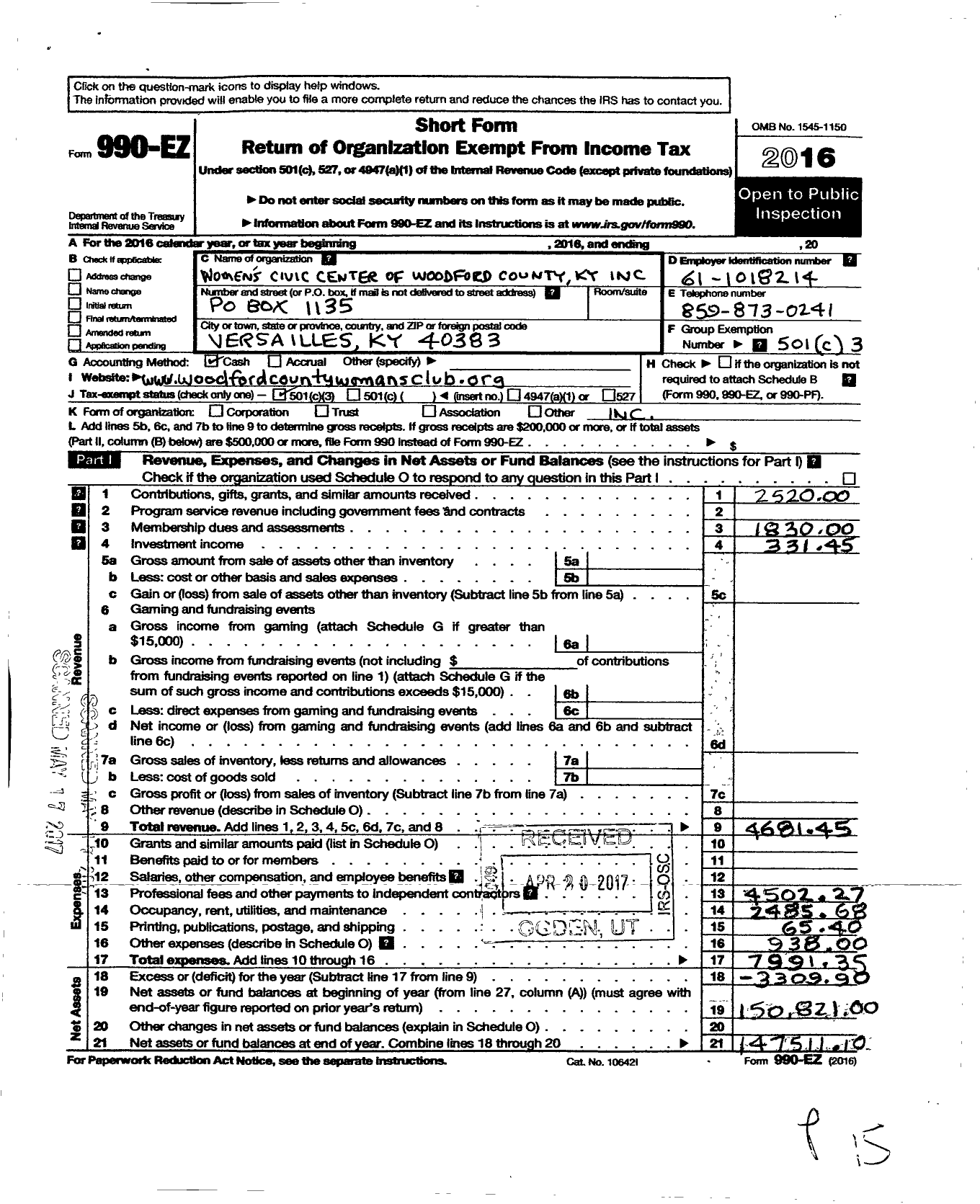 Image of first page of 2016 Form 990EZ for Womens Civic Center of Woodford County