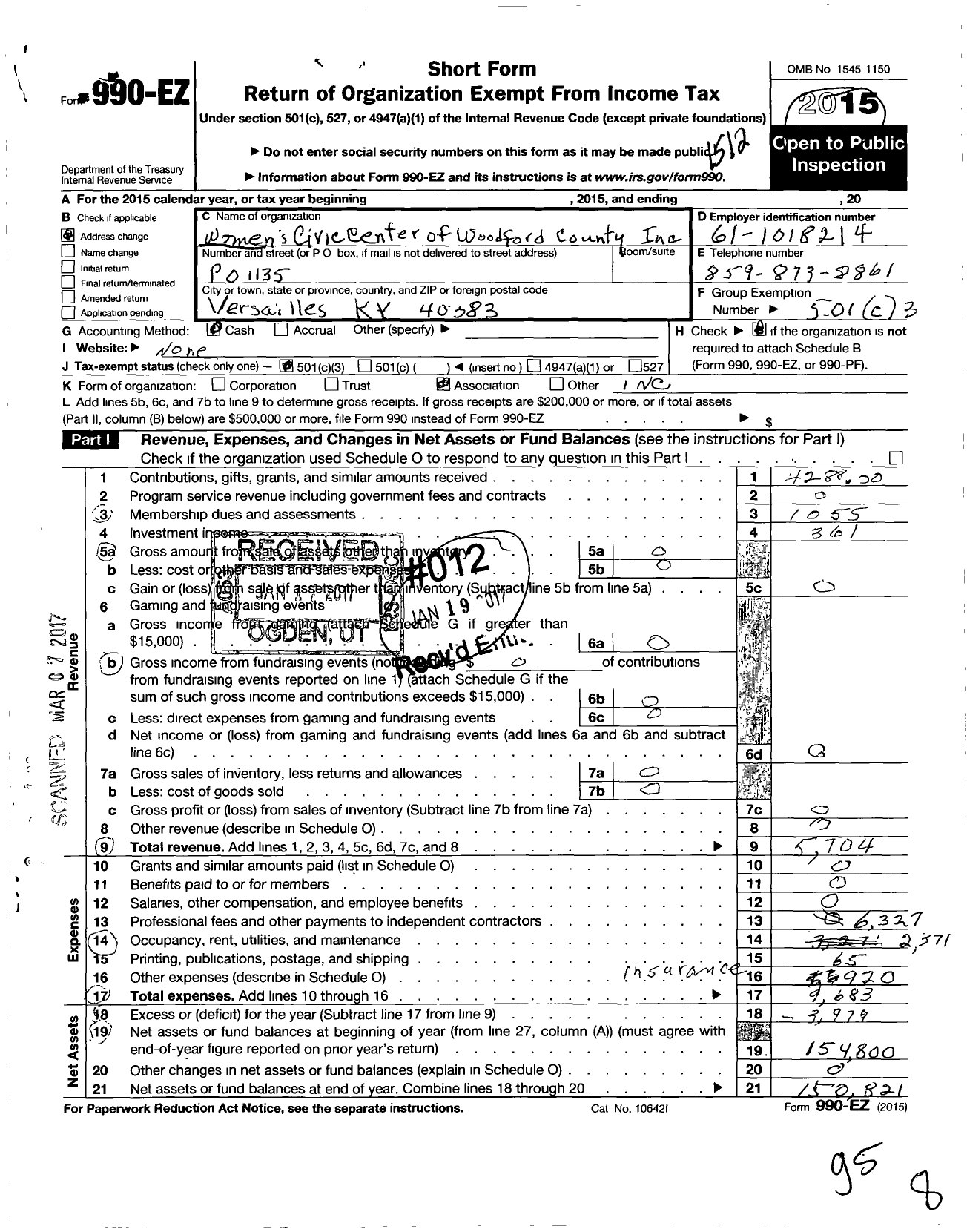 Image of first page of 2015 Form 990EZ for Womens Civic Center of Woodford County