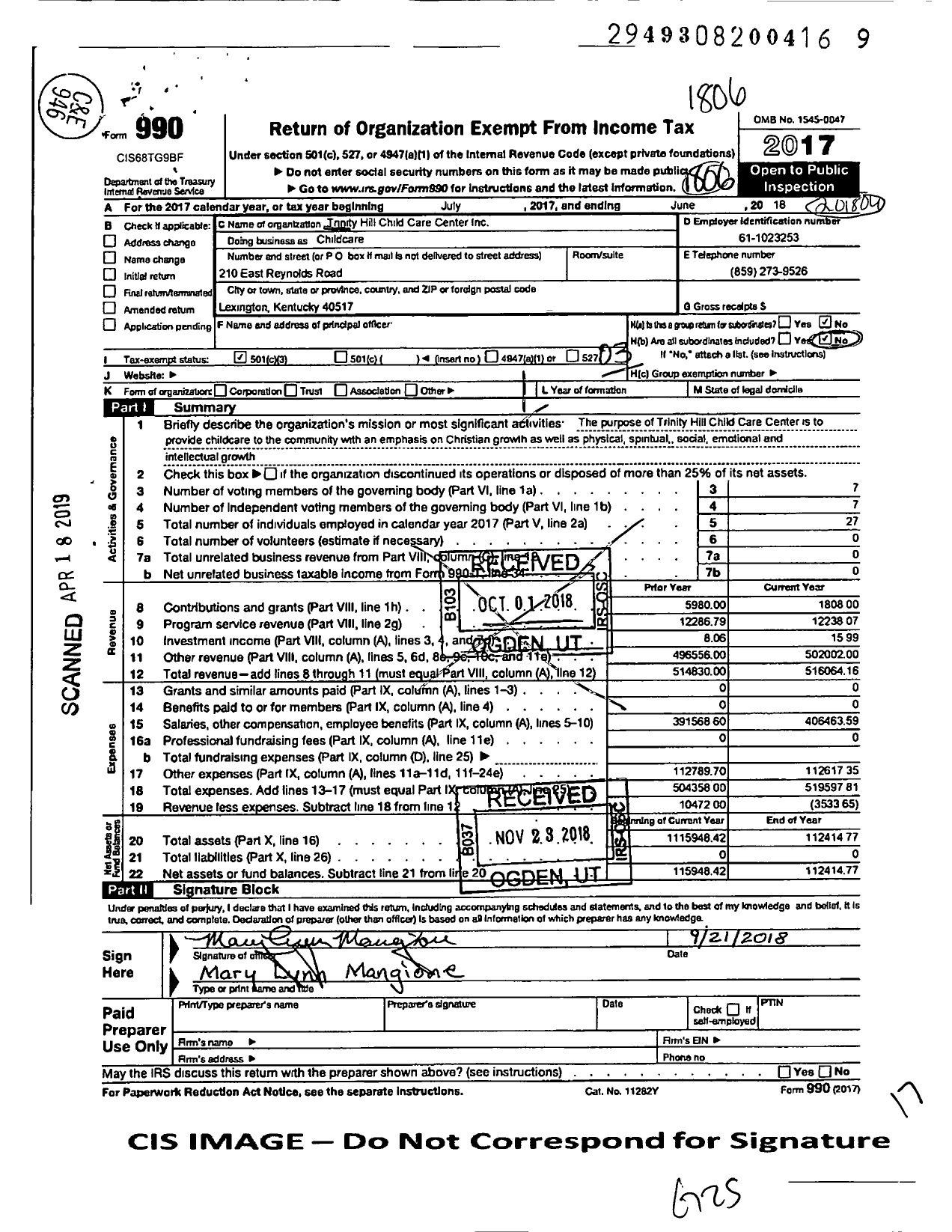 Image of first page of 2017 Form 990 for Child Care Center / Trinity Hill Child Care Center Inc
