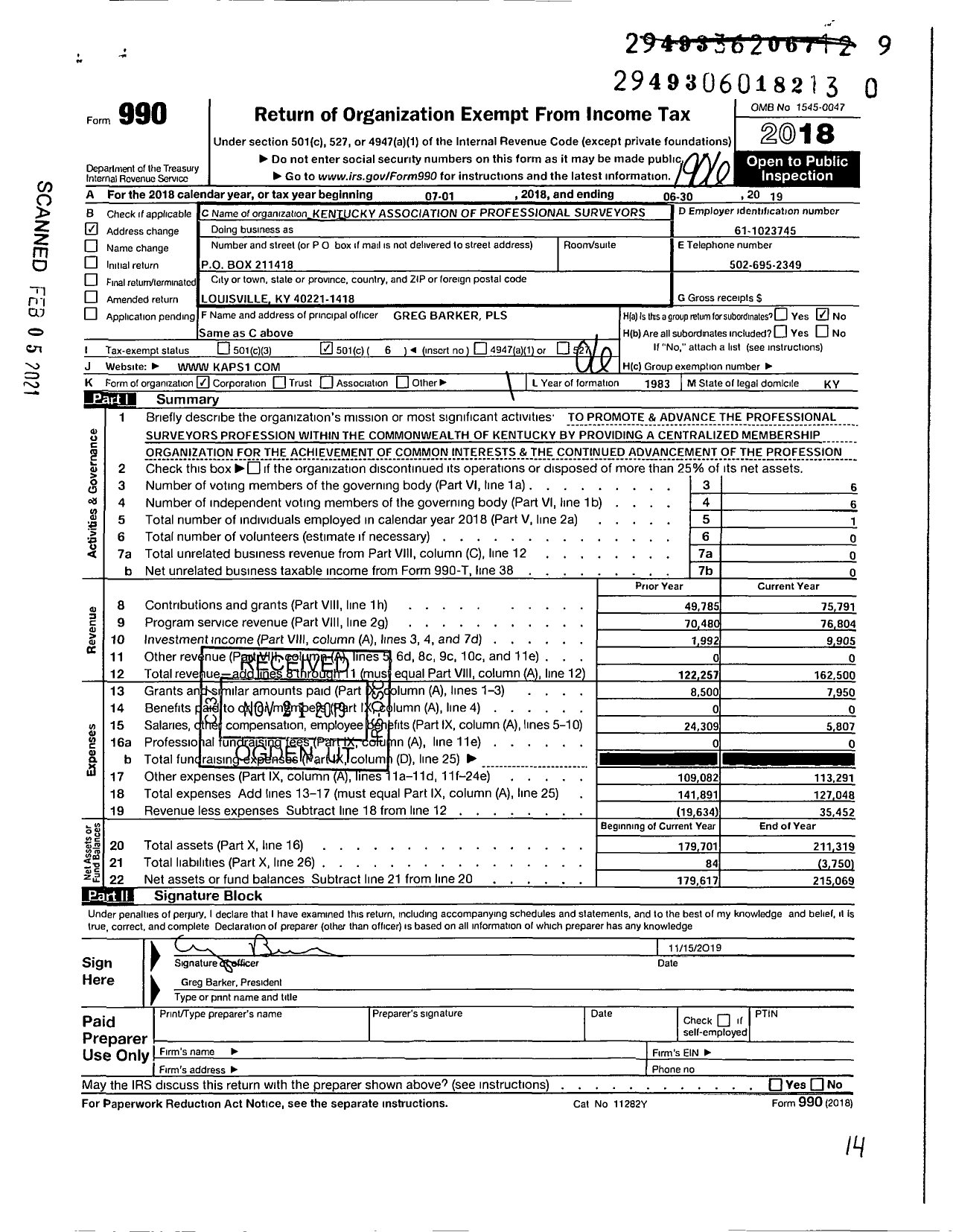 Image of first page of 2018 Form 990O for Kentucky Association of Professional Surveyors